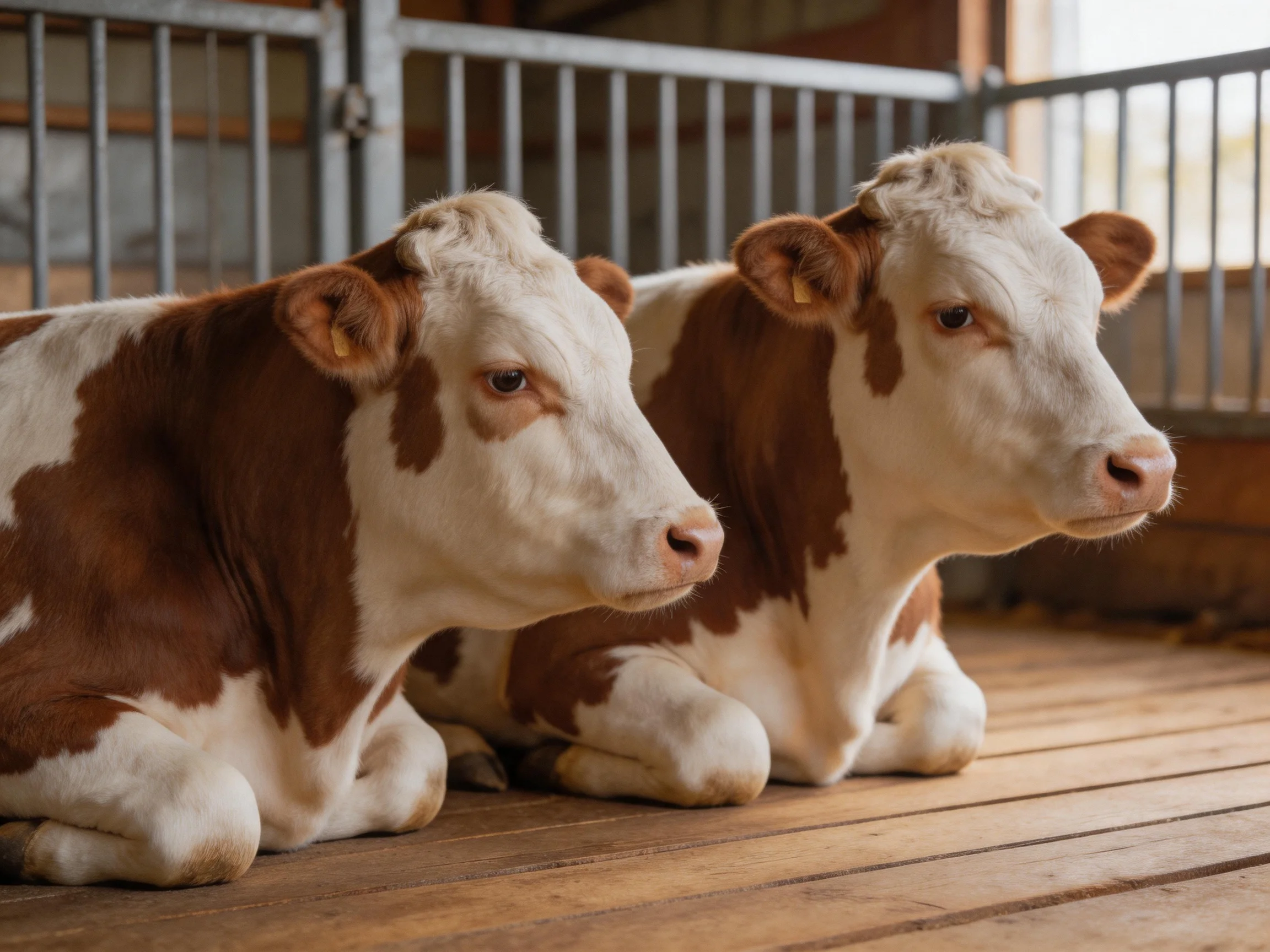 Two brown and white calves rest on wooden flooring inside a barn