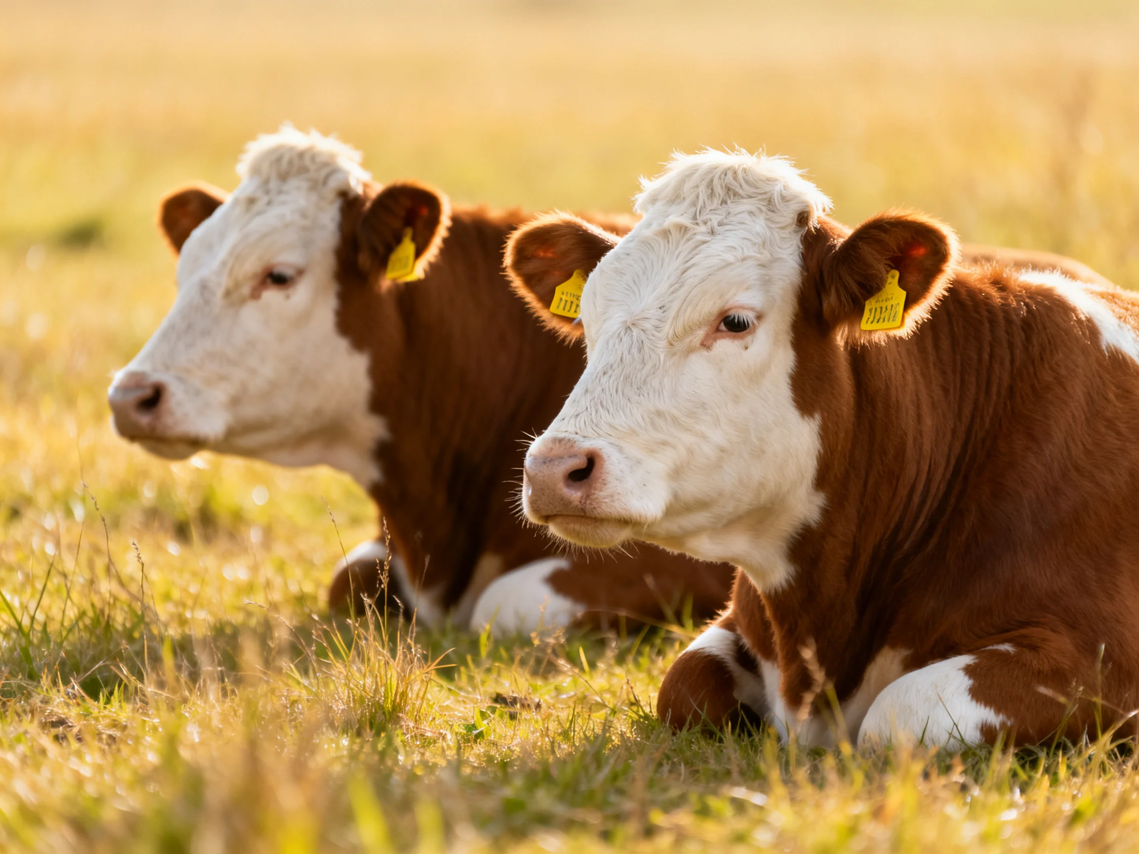 Two brown and white calves resting in a sunlit grassy field
