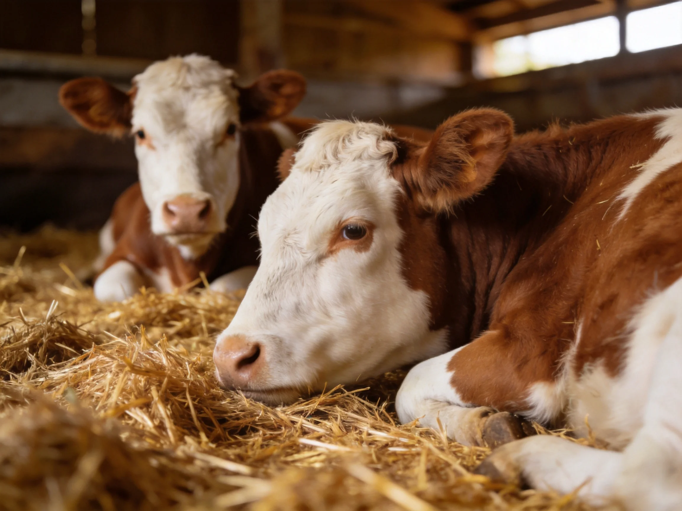 Two brown-and-white calves resting on golden straw in a barn