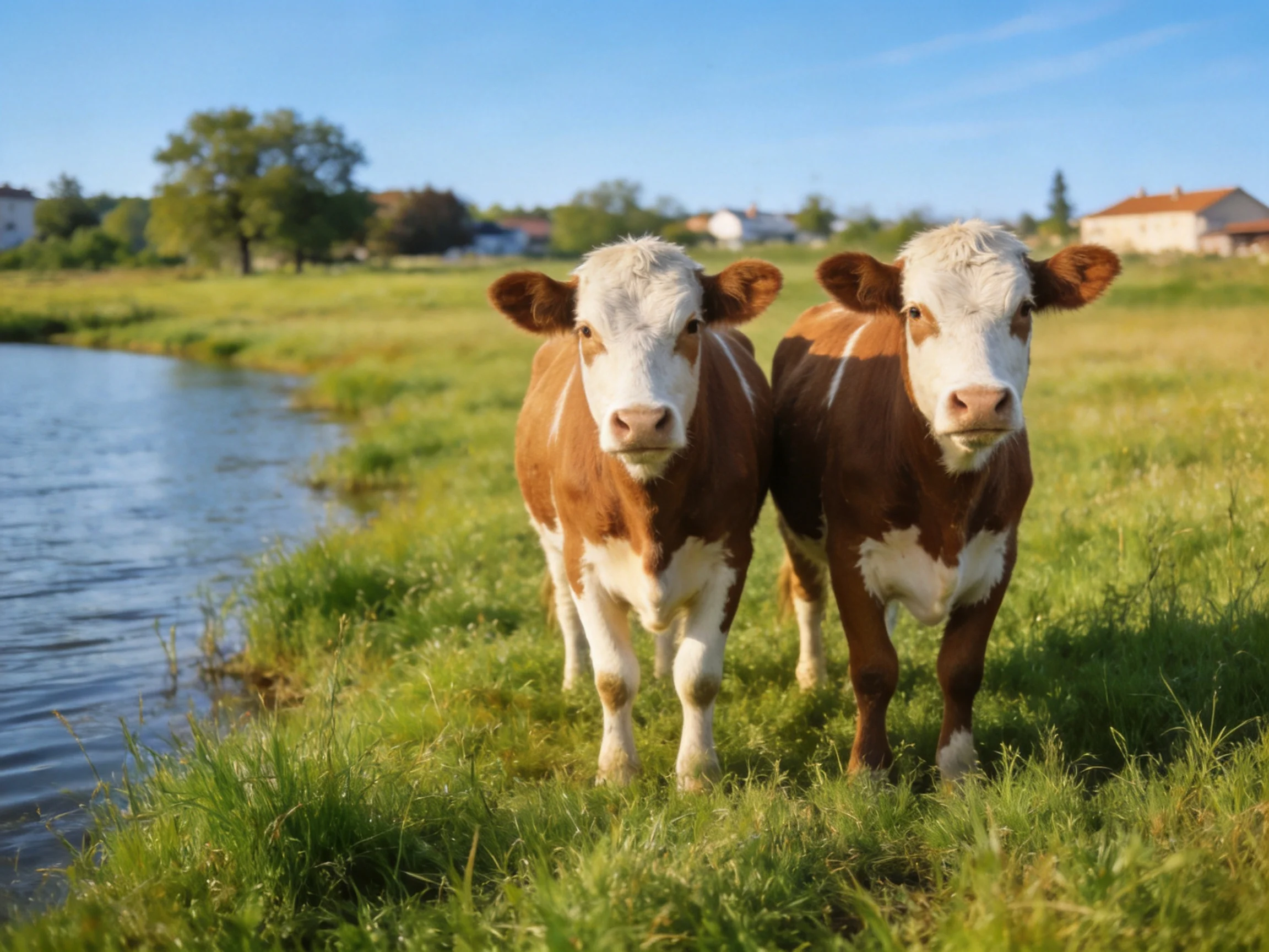 Two brown-and-white calves stand by a calm river in a sunny pasture