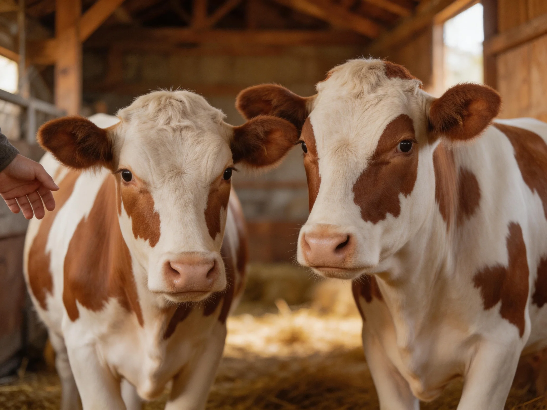 Two brown-and-white calves stand close together in a wooden barn