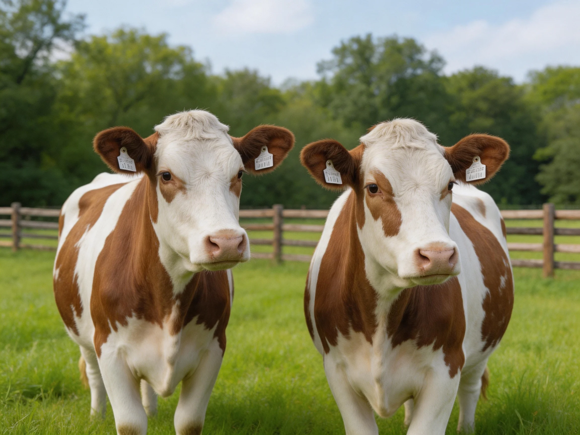 Two brown and white calves stand in a green pasture with a wooden fence