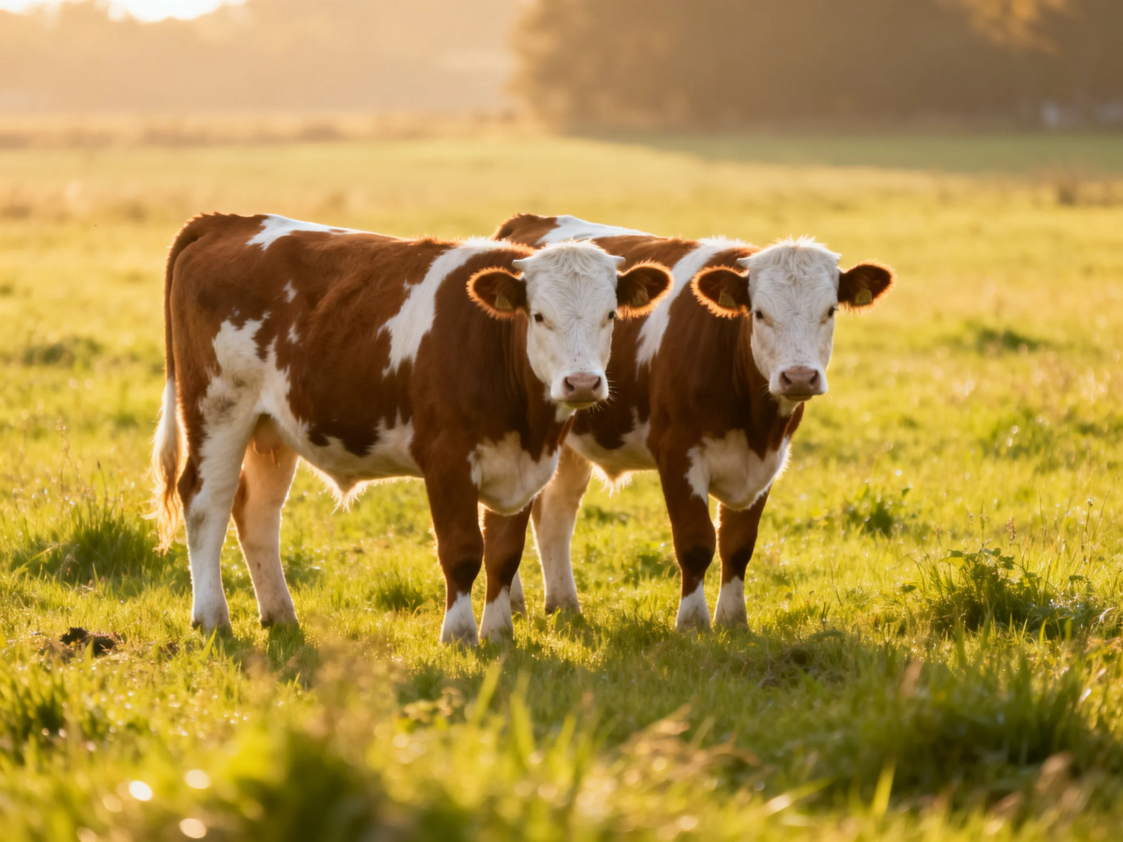 Two brown-and-white calves stand in a sunlit green pasture