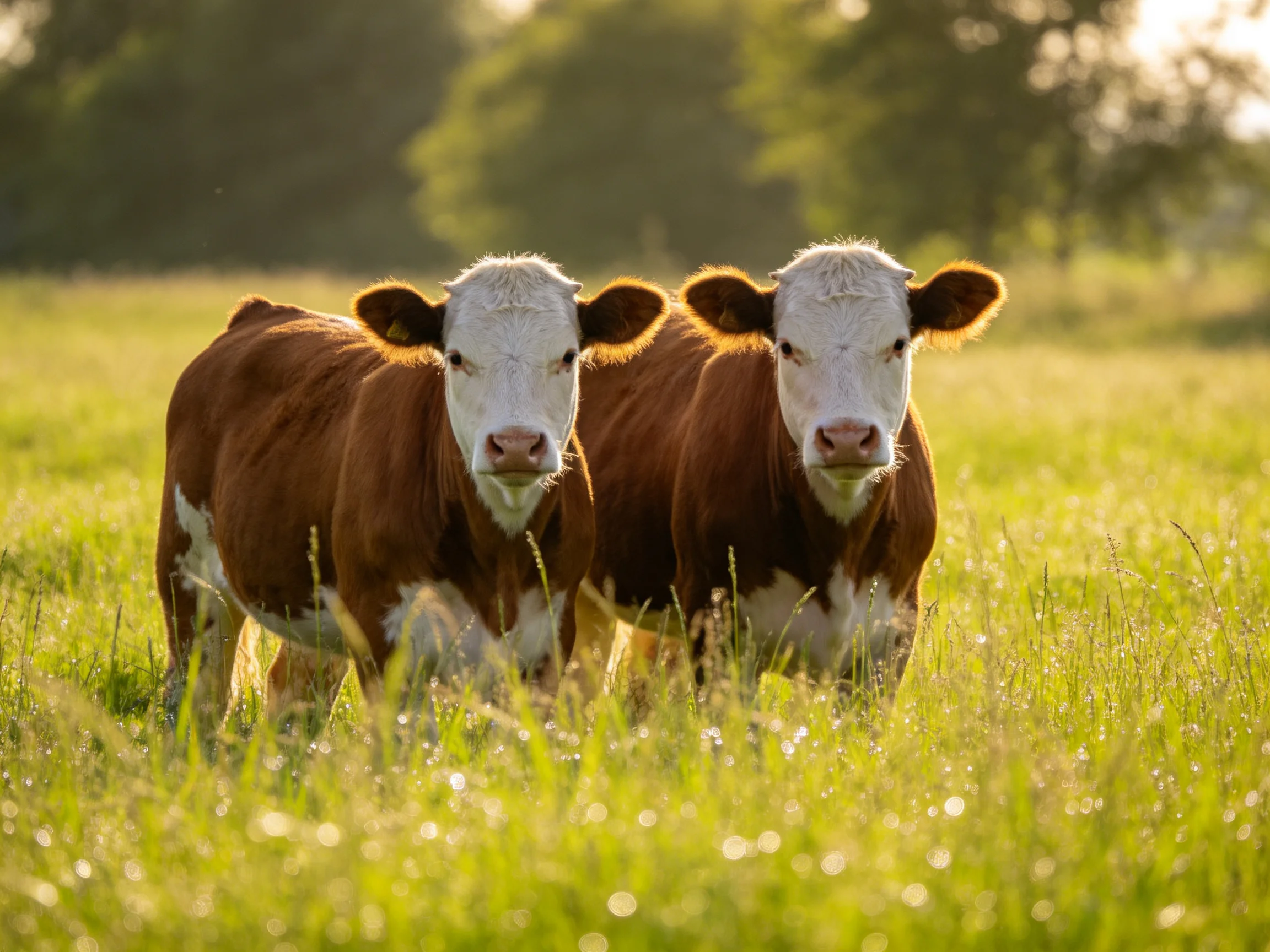 Two brown-and-white calves stand in a sunlit green pasture