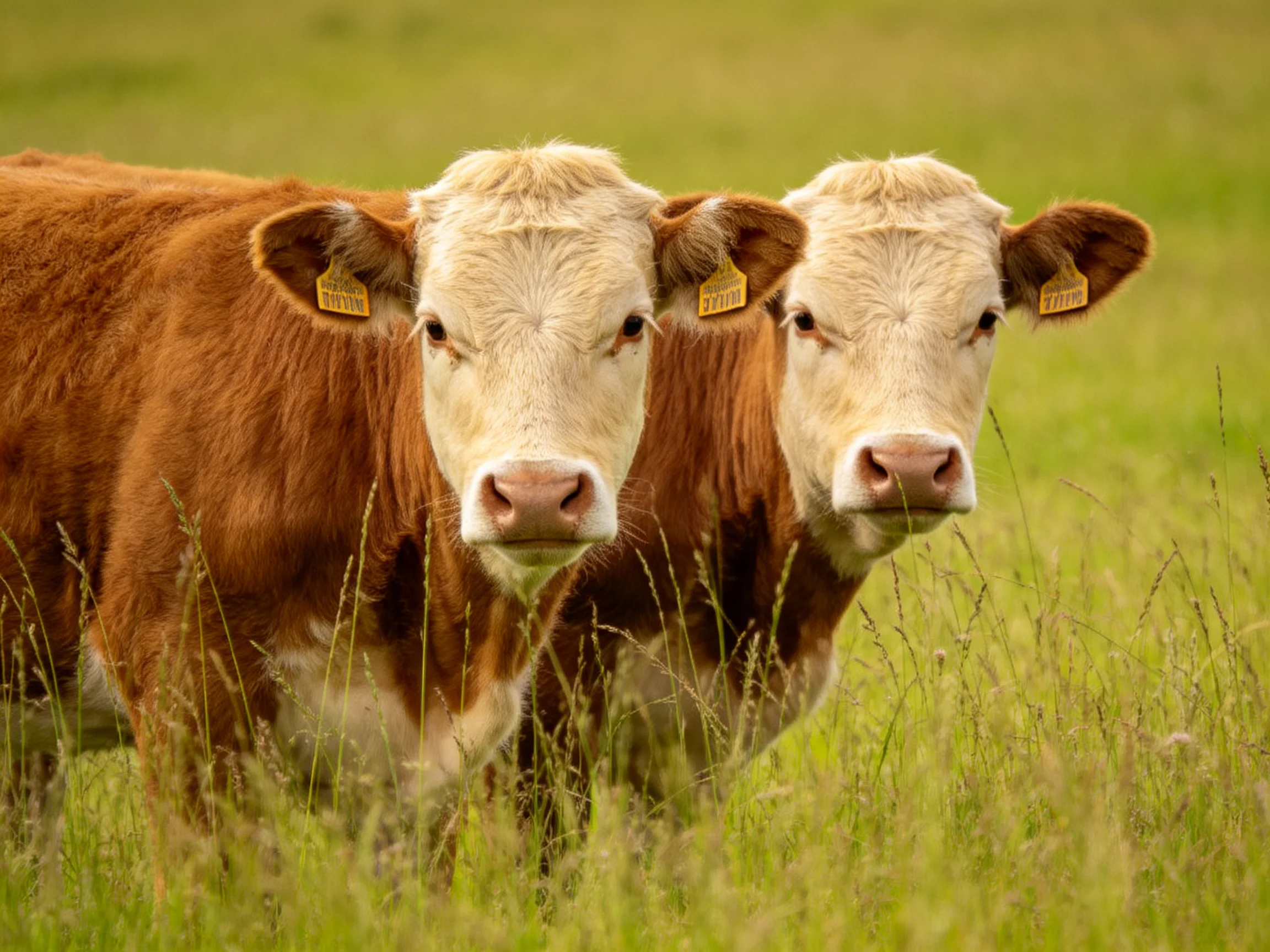 Two brown-and-white calves stand in a sunlit green pasture