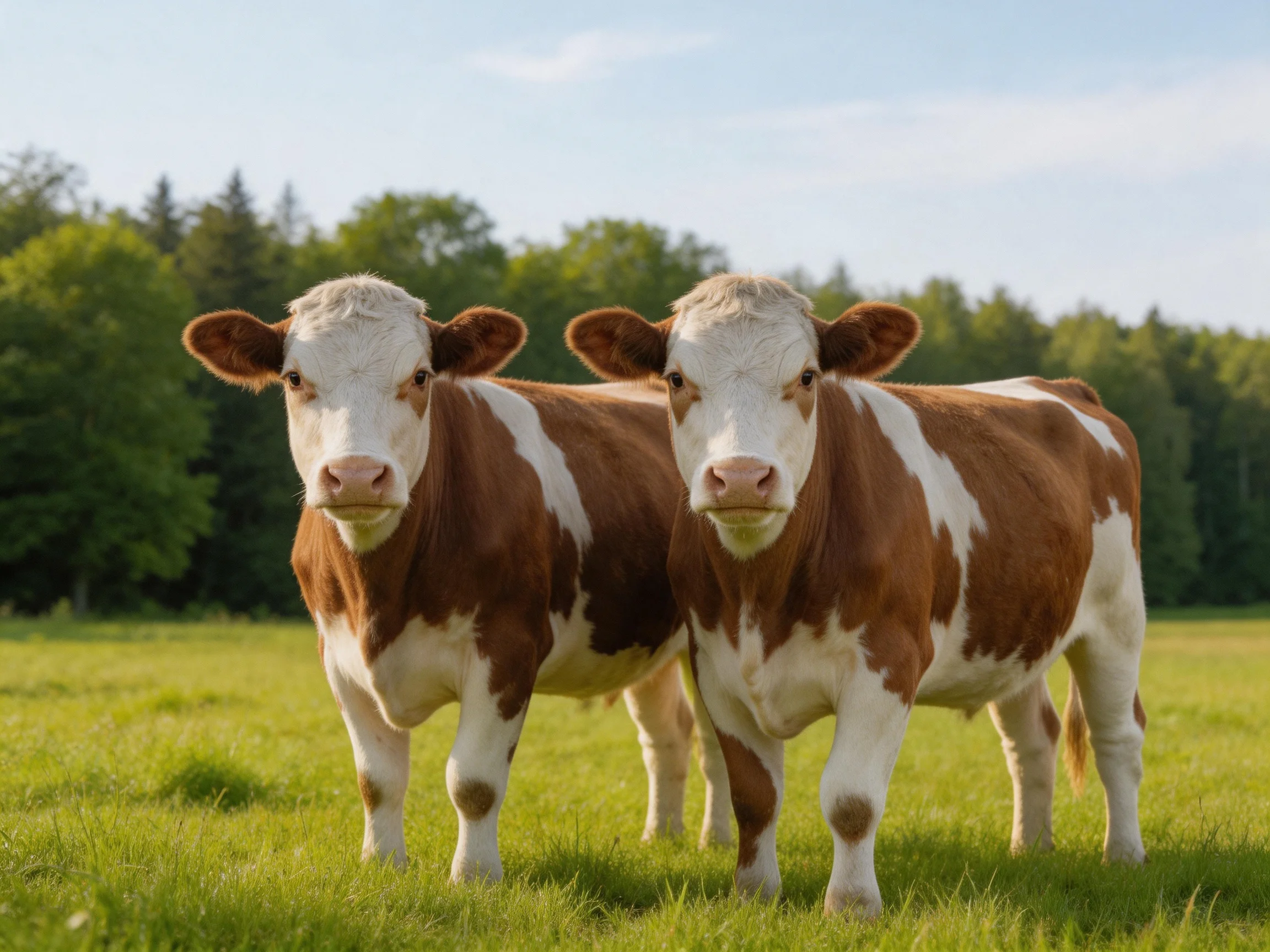 Two brown and white calves stand in a sunlit green pasture near forested area