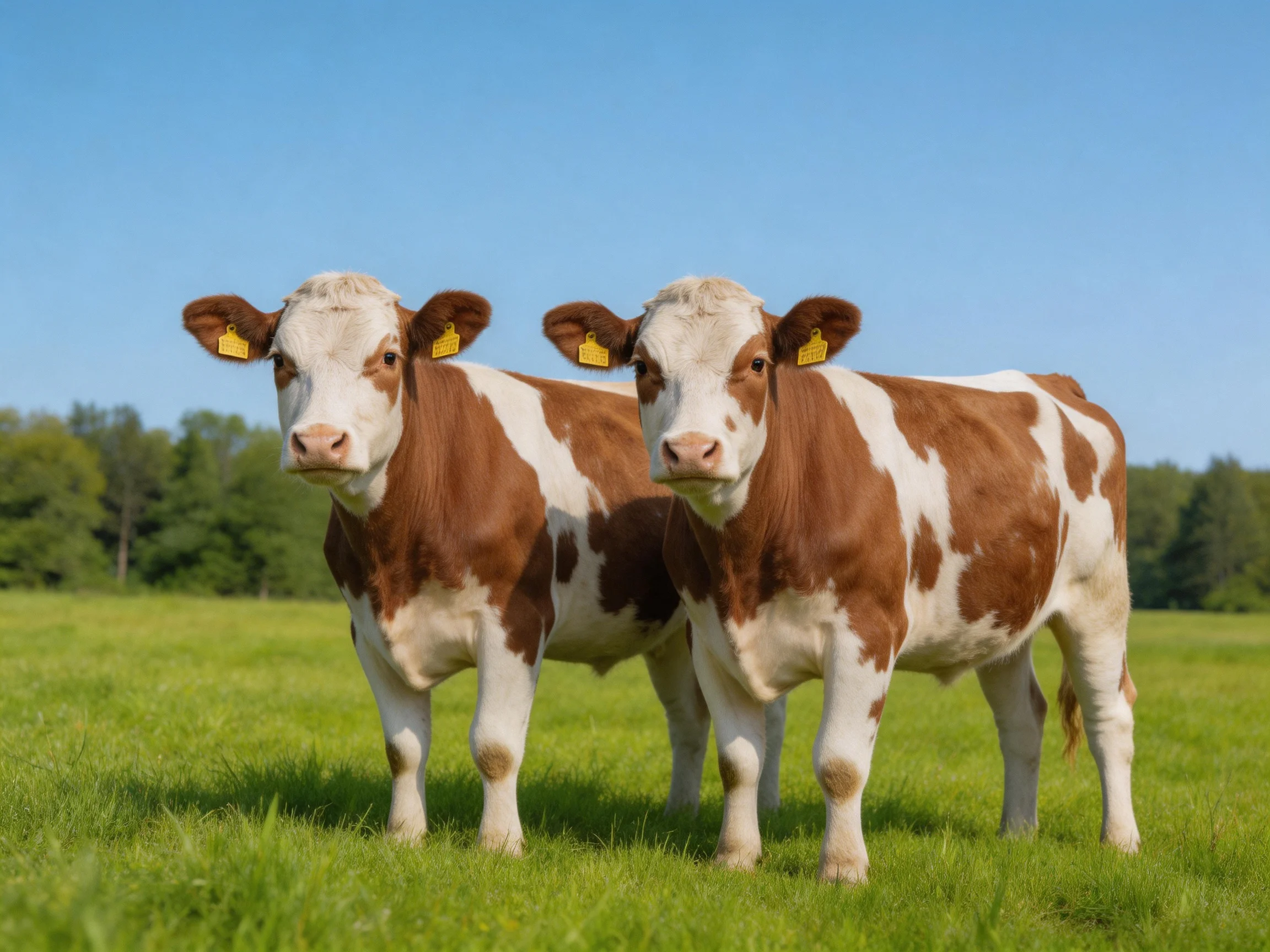 Two brown and white calves stand in a sunlit green pasture