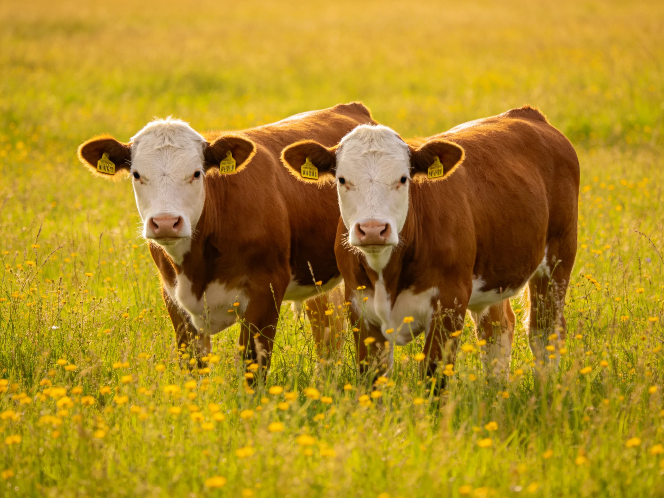 Two brown-and-white calves stand in a sunlit meadow with yellow wildflowers