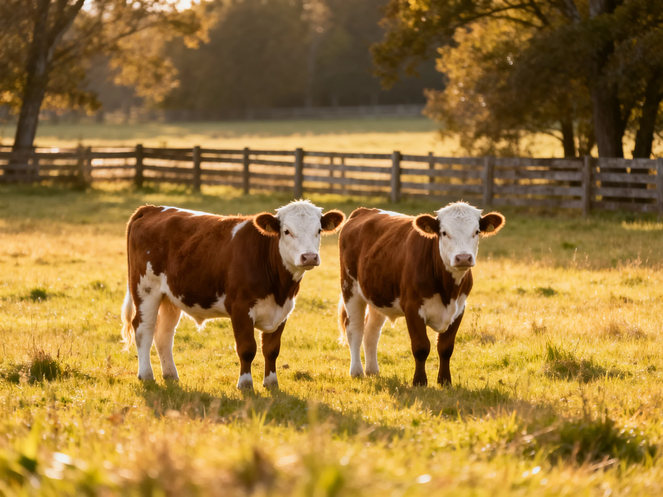 Two brown-and-white calves stand in a sunlit pasture with a wooden fence