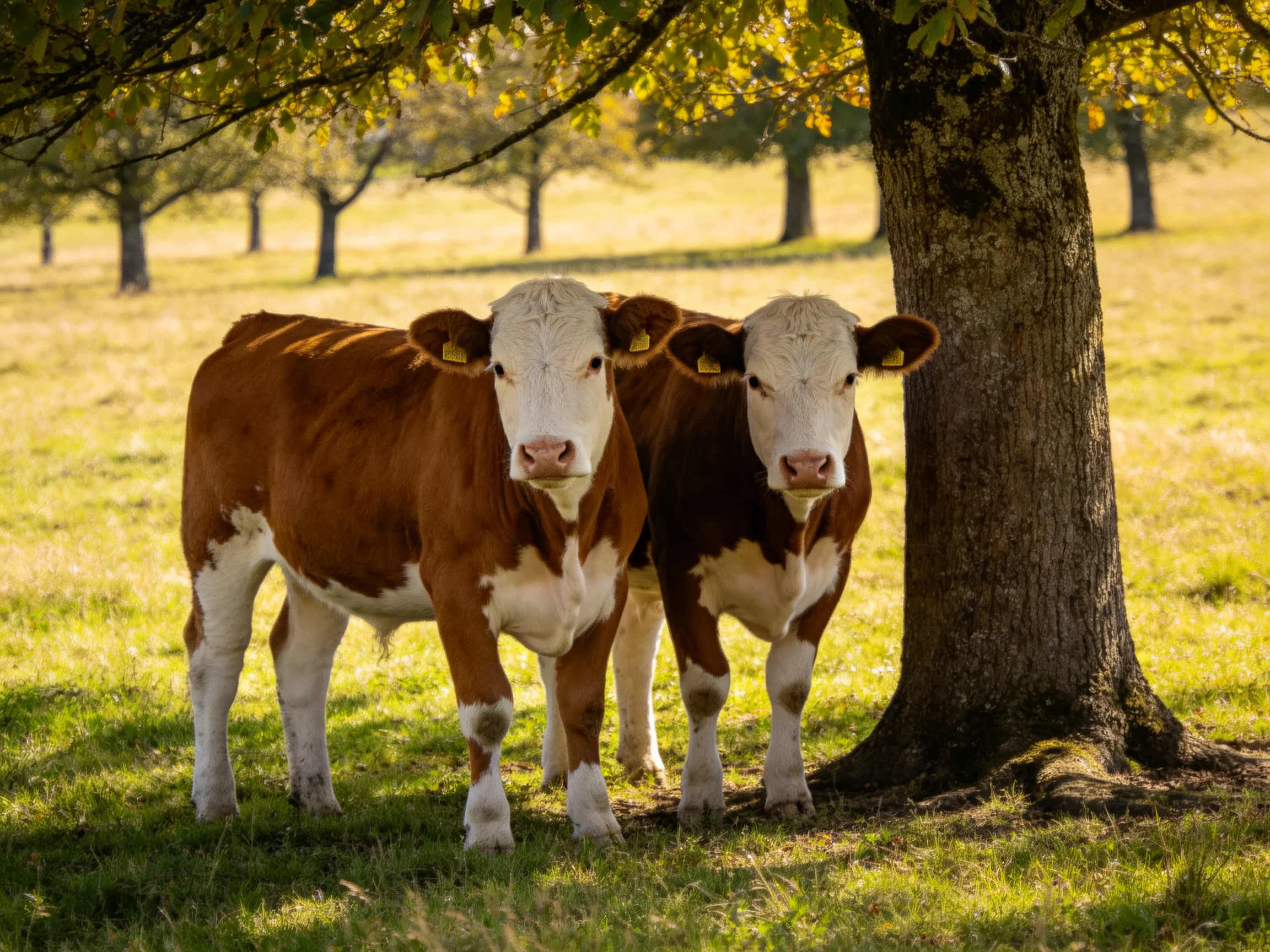 Two brown-and-white calves stand near a large tree in a sunlit pasture