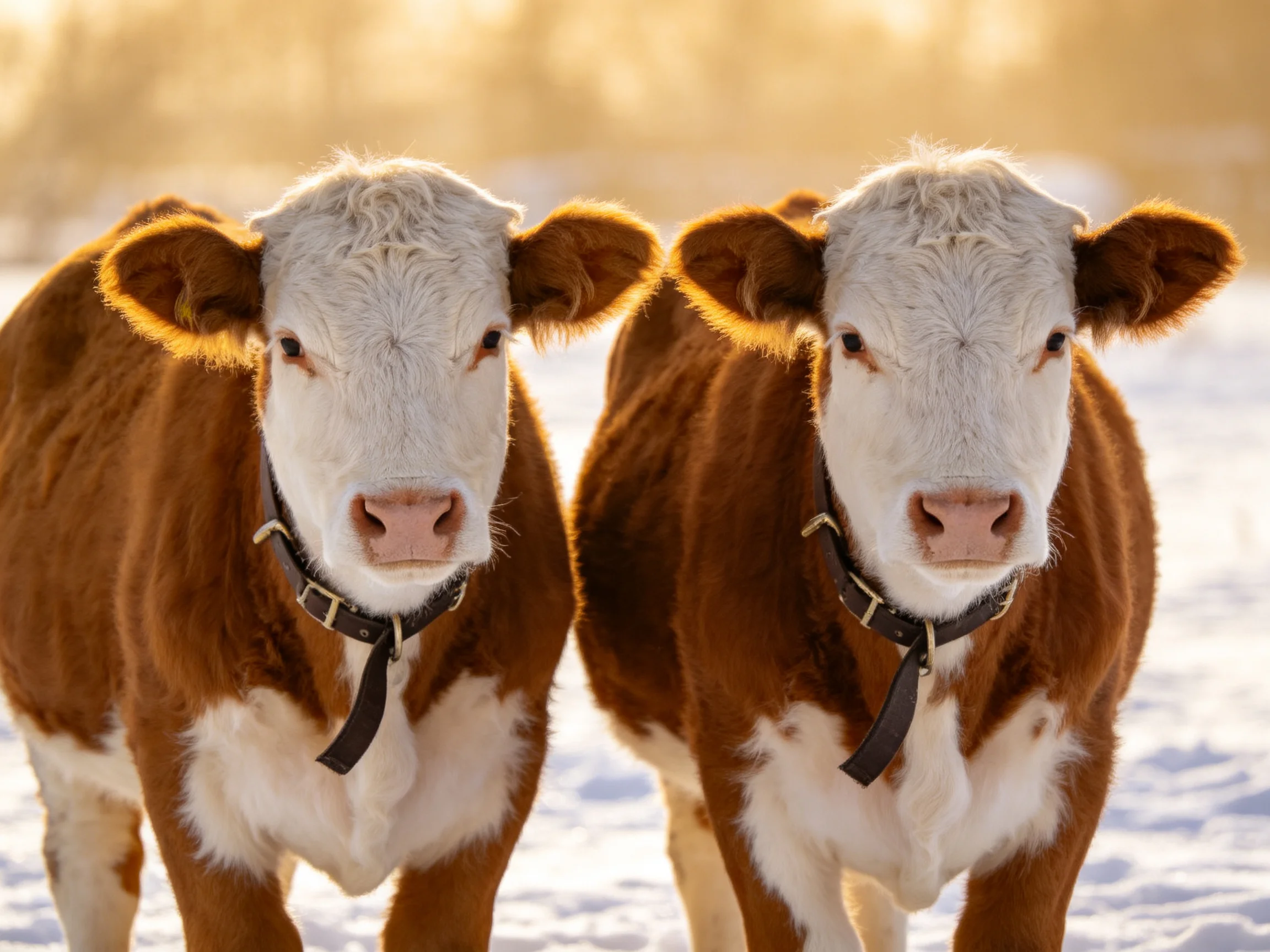 Two brown and white calves stand side by side in a snowy field