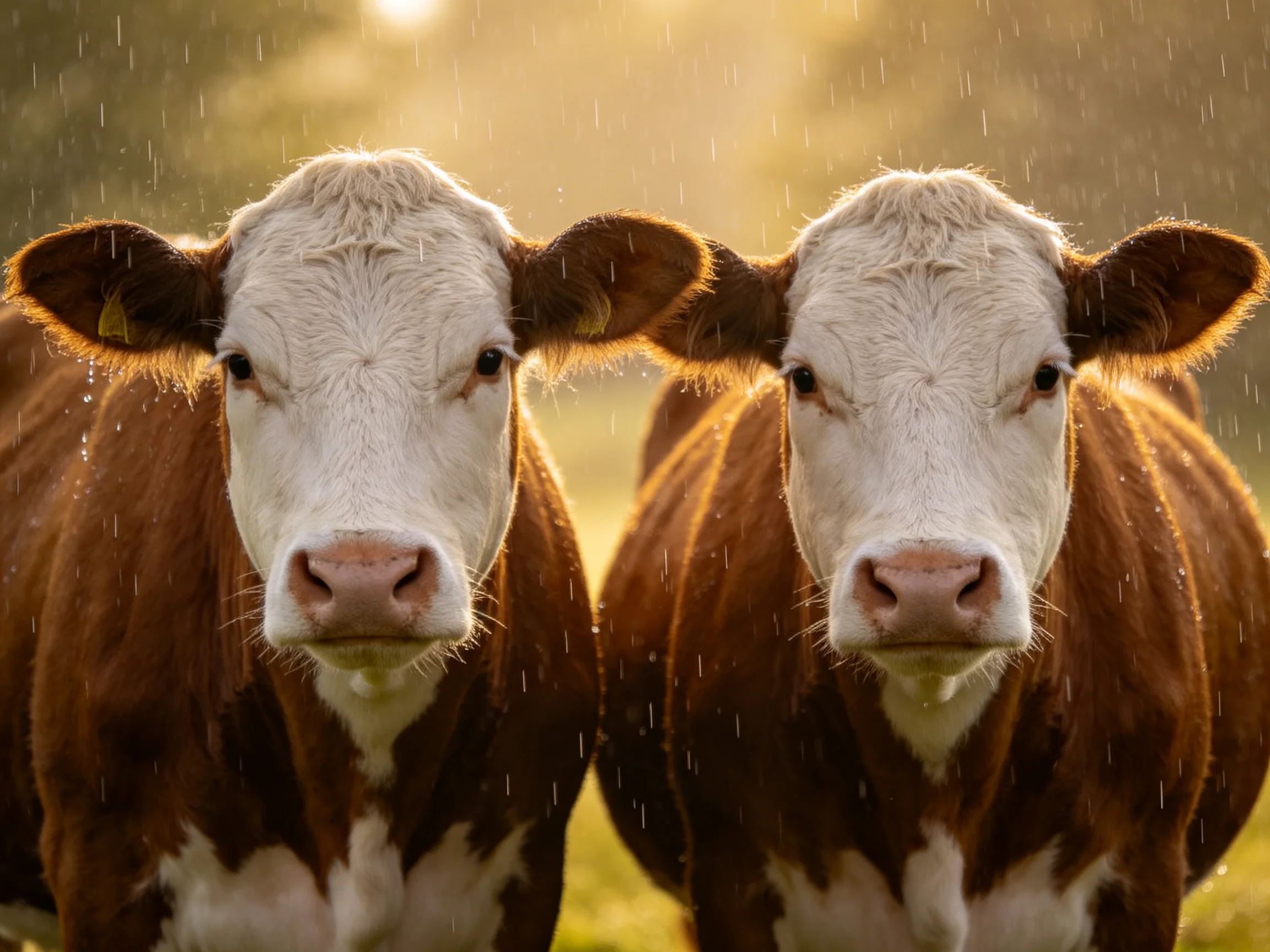 Two brown-and-white calves stand side by side in falling rain