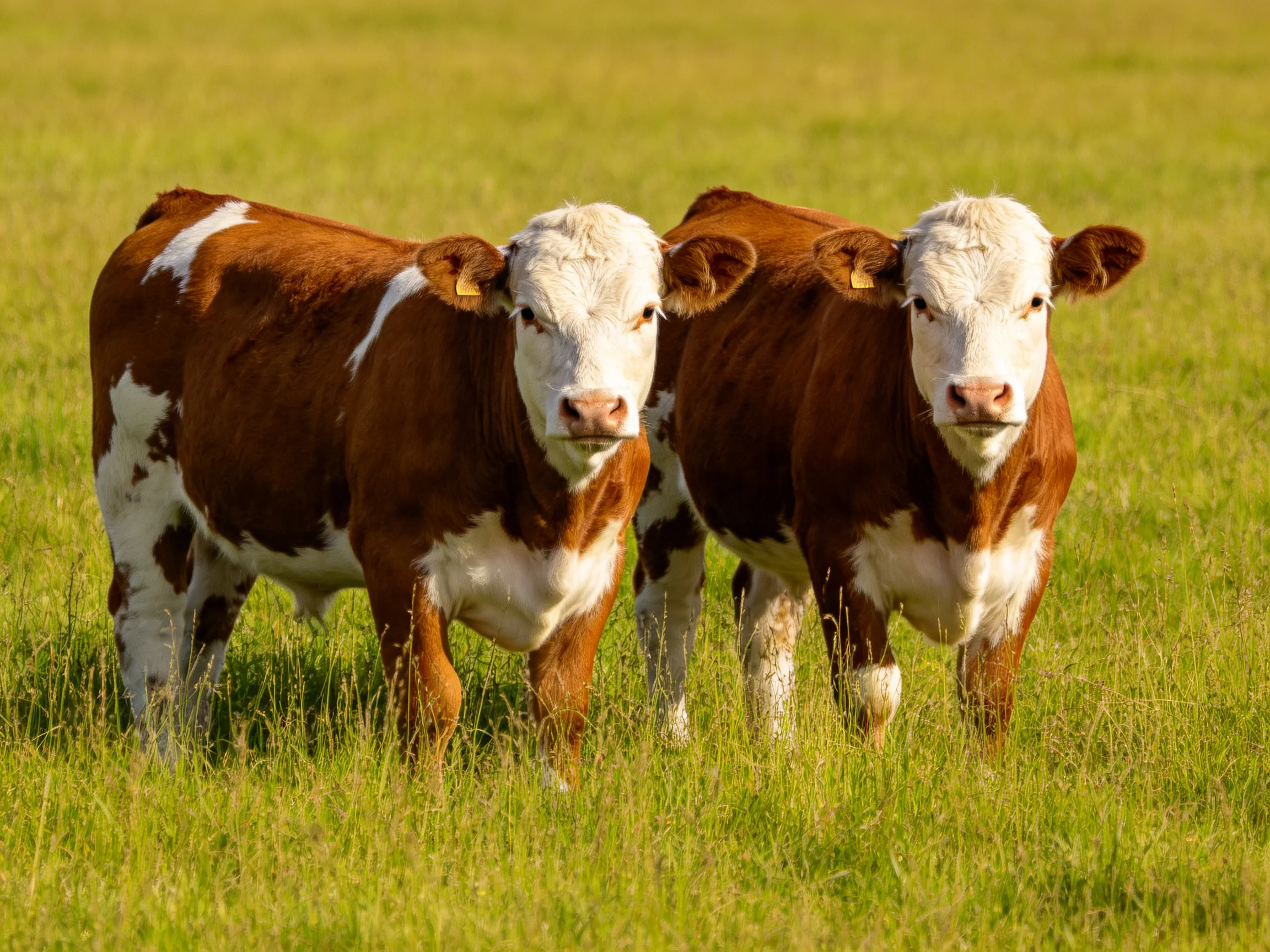 Two brown and white calves stand together in a sunlit green pasture