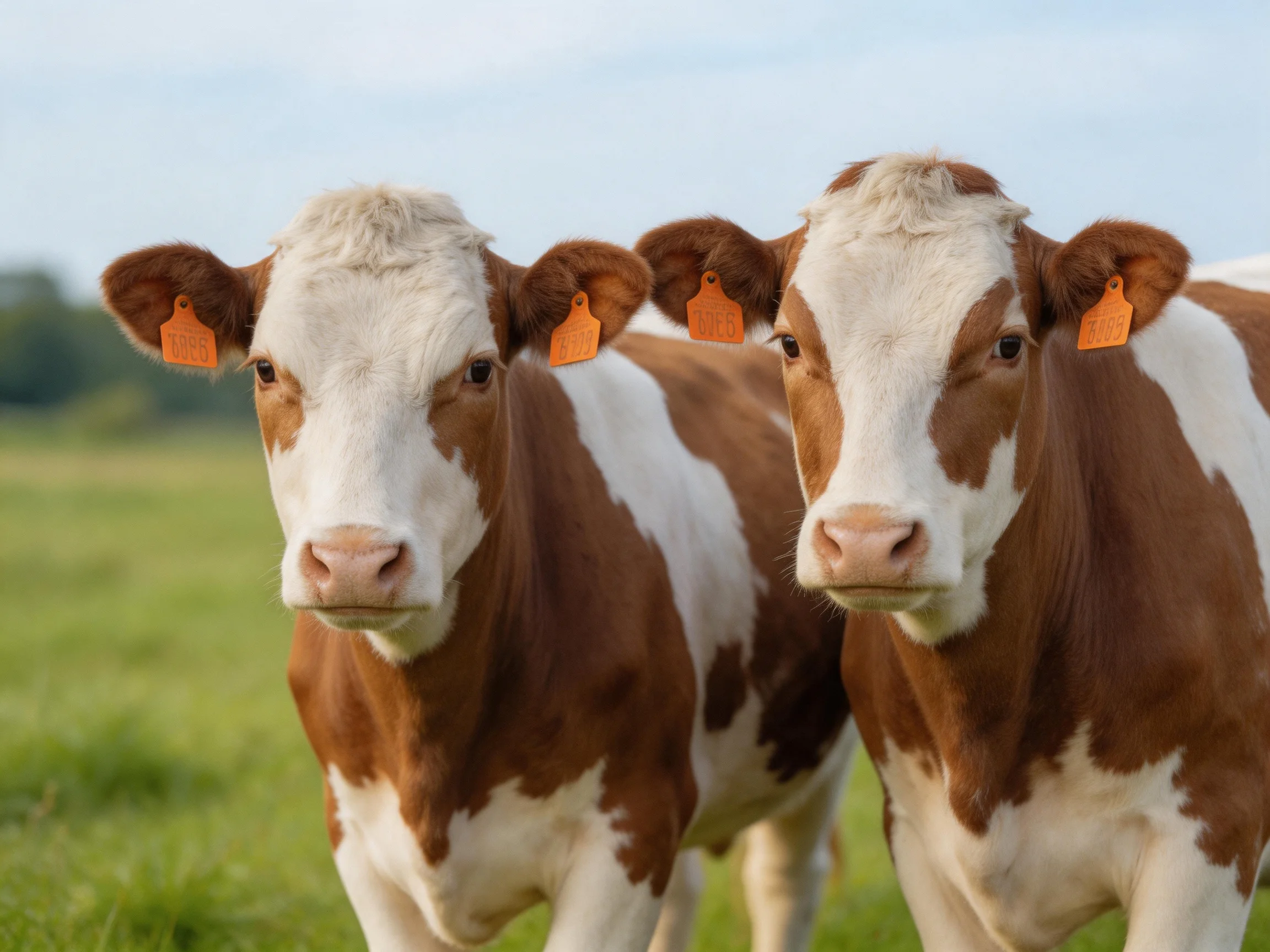 Two brown and white calves with orange ear tags in a green pasture