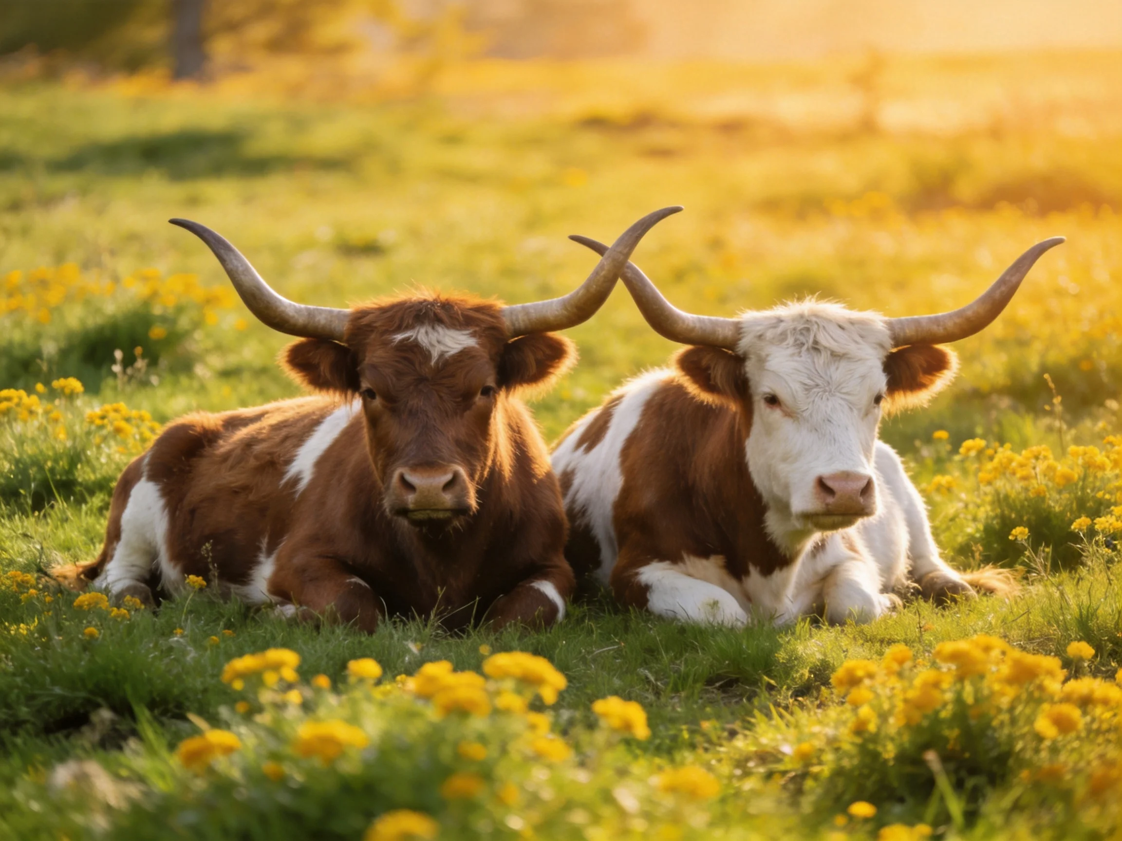 Two brown-and-white cattle rest amid yellow wildflowers in a sunlit meadow