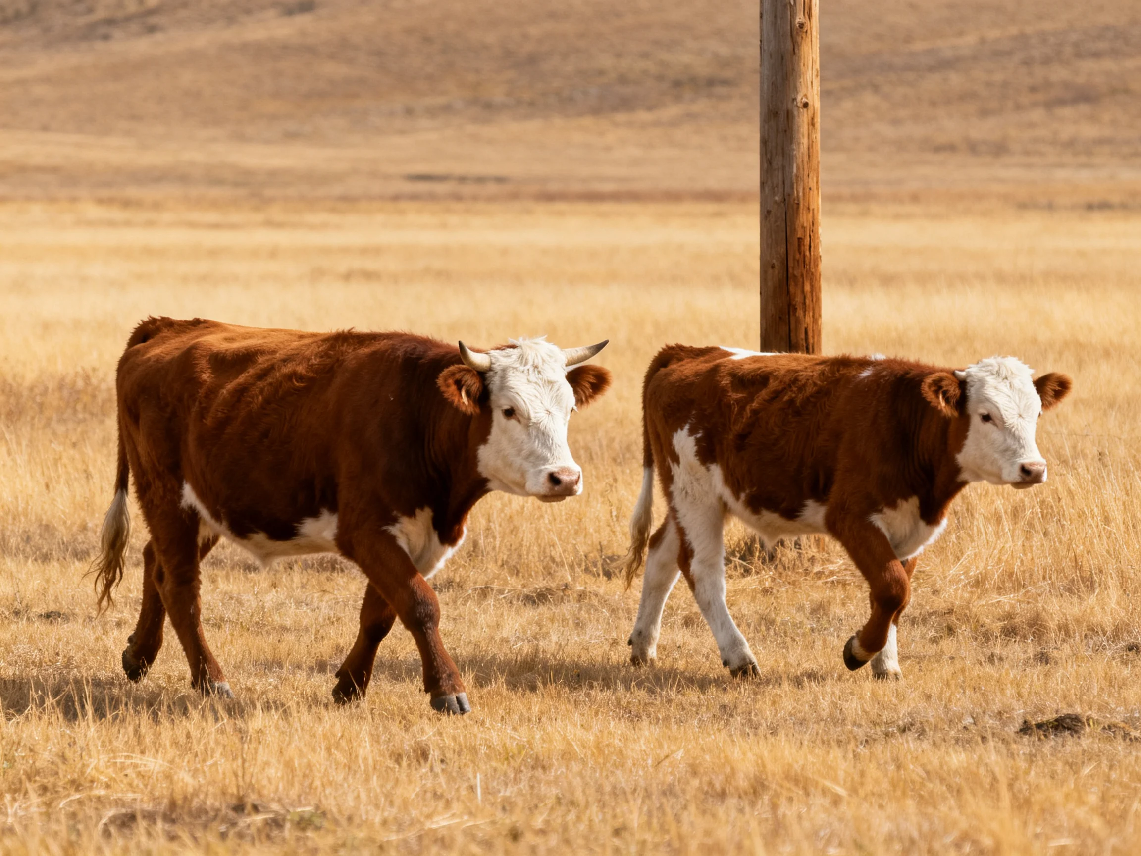Two brown-and-white cattle stroll through golden grasslands near a wooden post