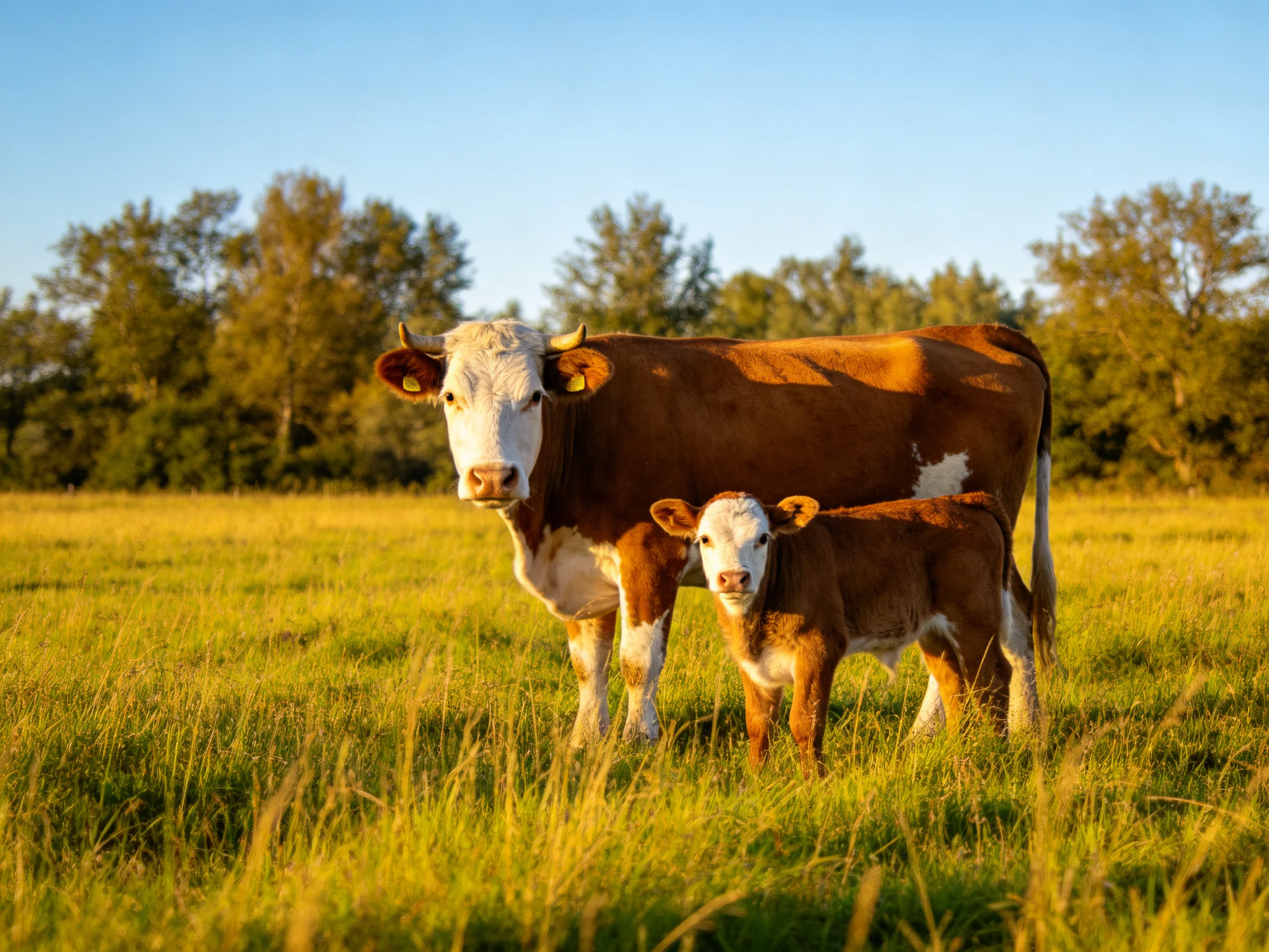 Two brown-and-white cows, a mother and calf, in a sunlit pasture