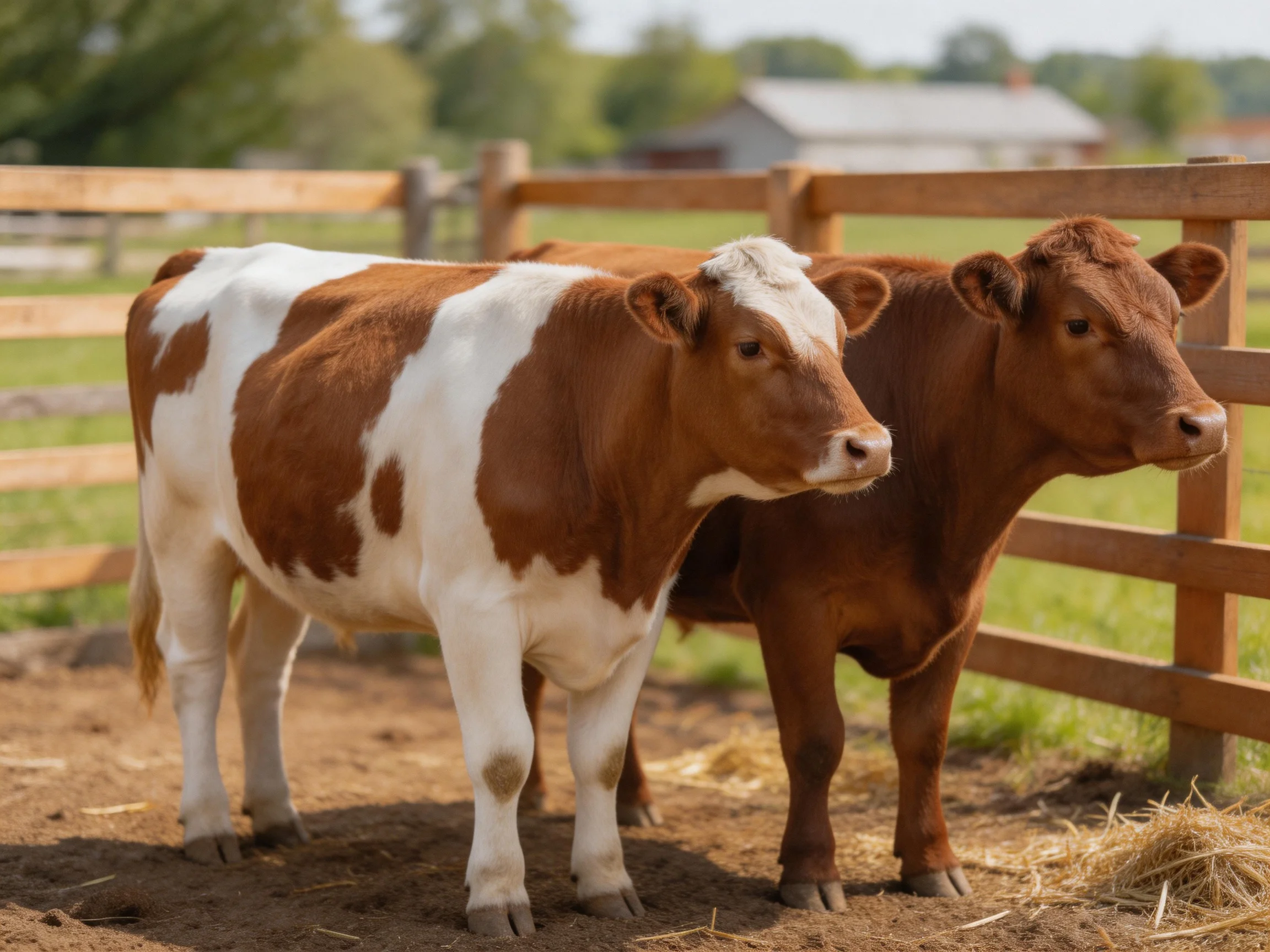 Two brown and white cows and a solid brown cow near a wooden farm fence