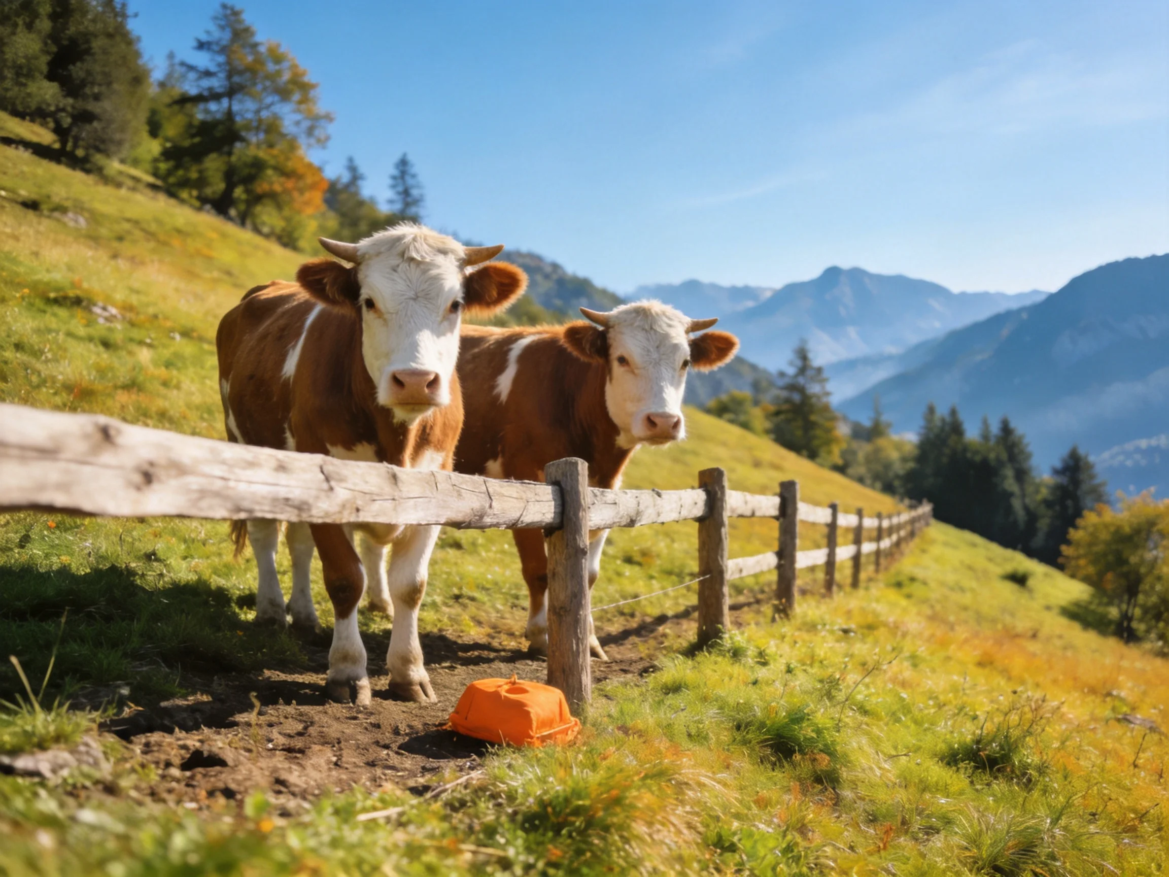 Two brown-and-white cows by a wooden fence on a grassy hillside