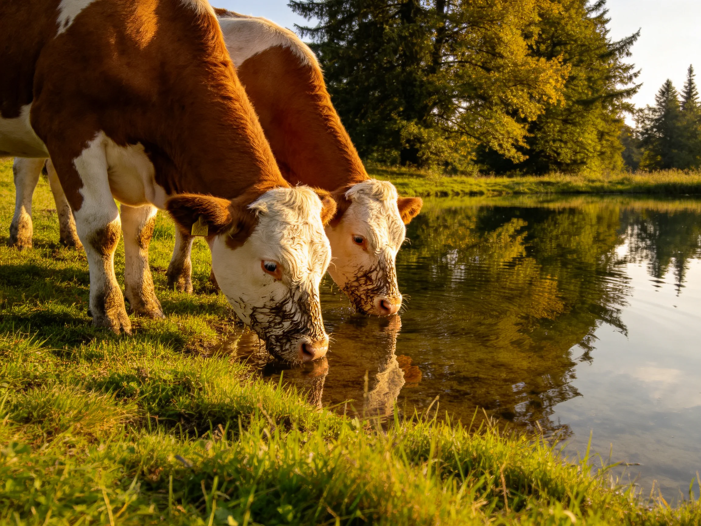 Two brown-and-white cows drink from a calm pond near lush greenery