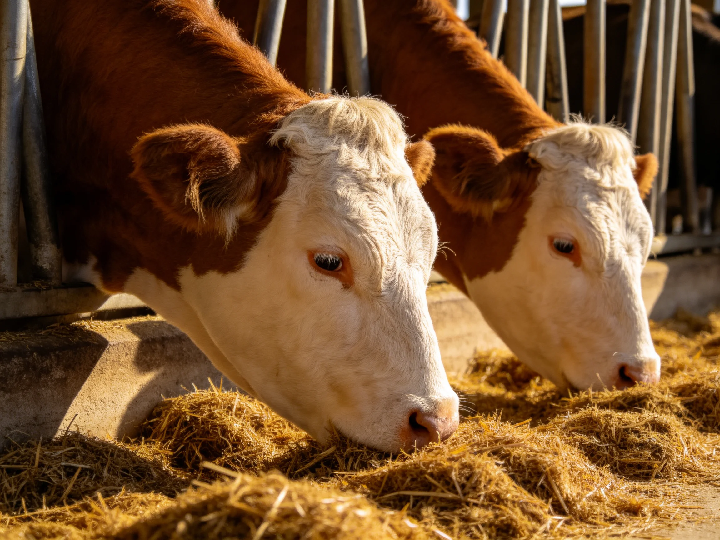 Two brown-and-white cows eat golden hay near metal feeding rails