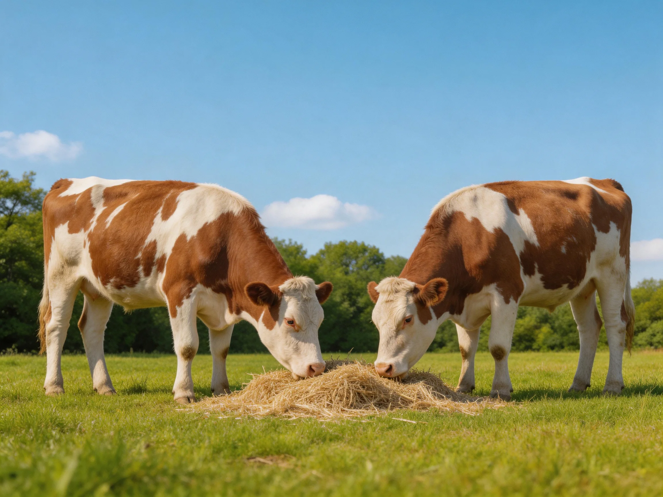 Two brown-and-white cows eat hay in a sunny pasture