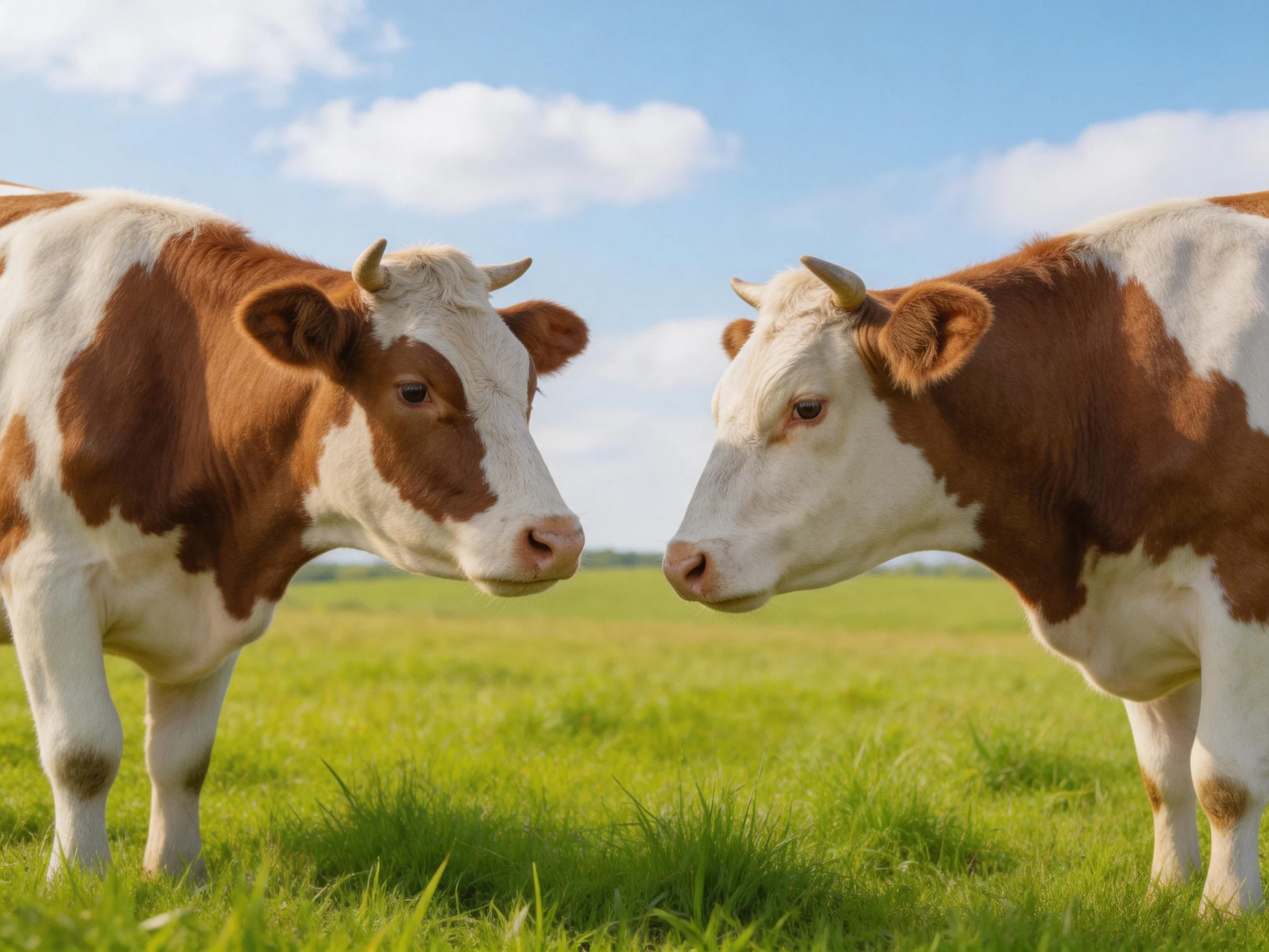Two brown and white cows face each other in a lush green pasture