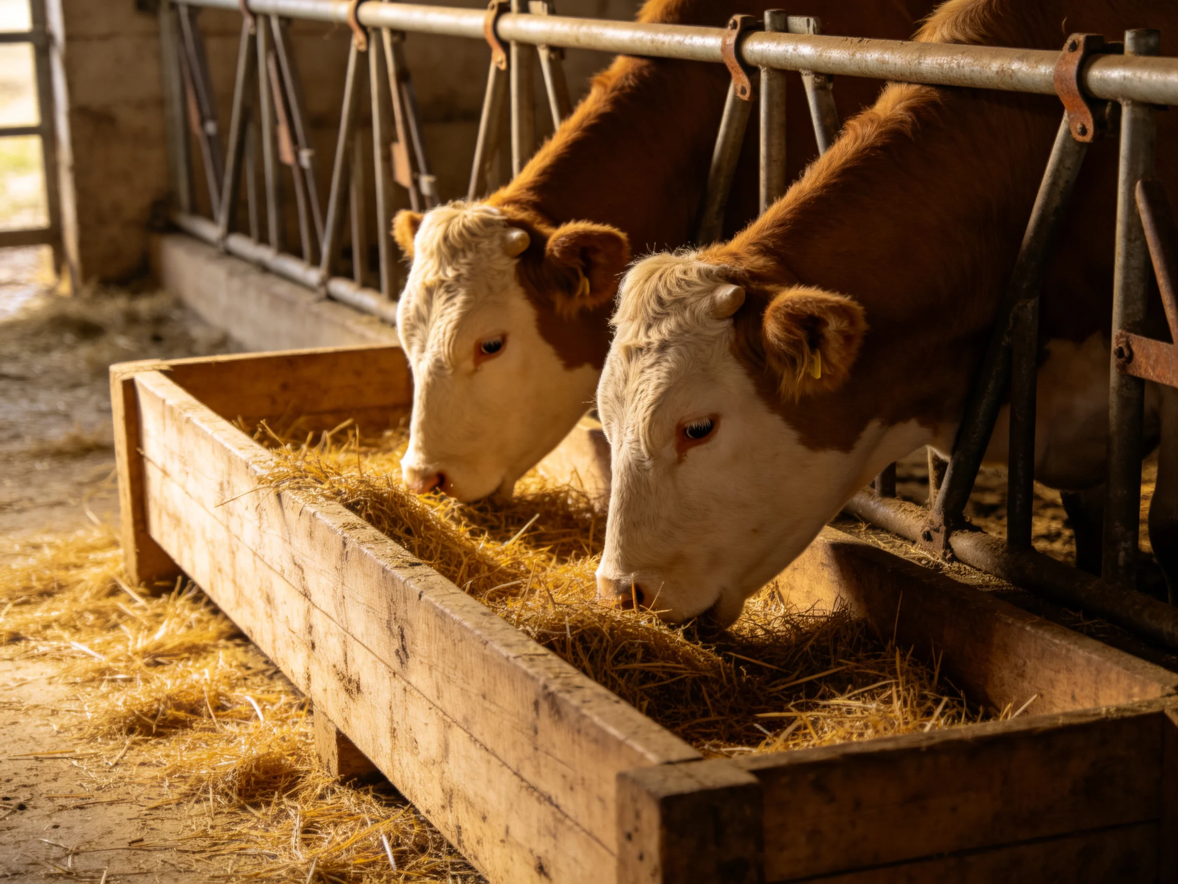 Two brown-and-white cows feed on golden hay from a wooden trough