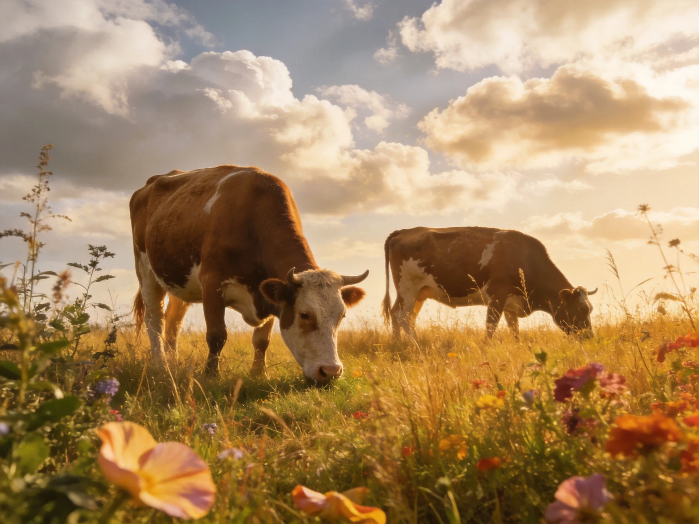 Two cows graze in a flower meadow under golden sunlight.
