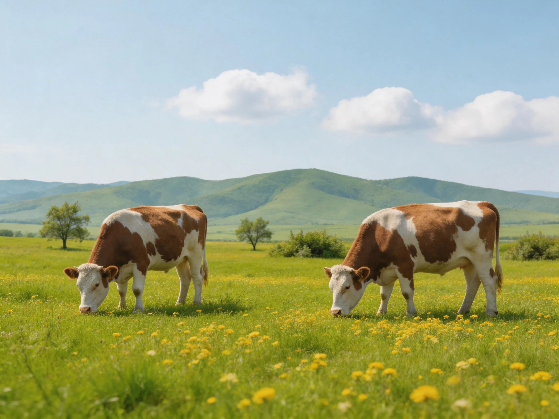 Two brown-and-white cows graze in a flowered meadow near rolling hills