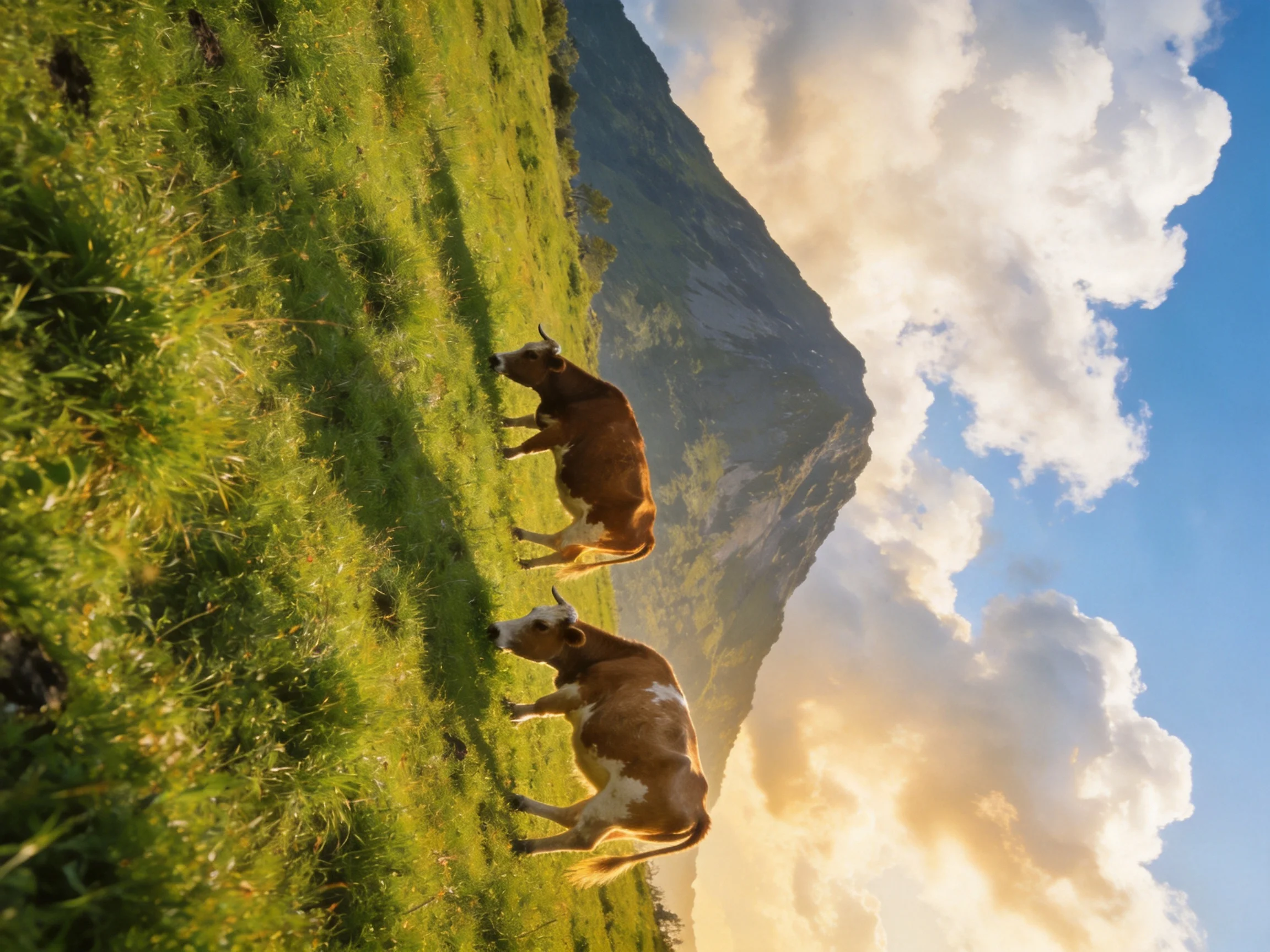 Two cows graze in a sunlit meadow with a mountain and clouds.