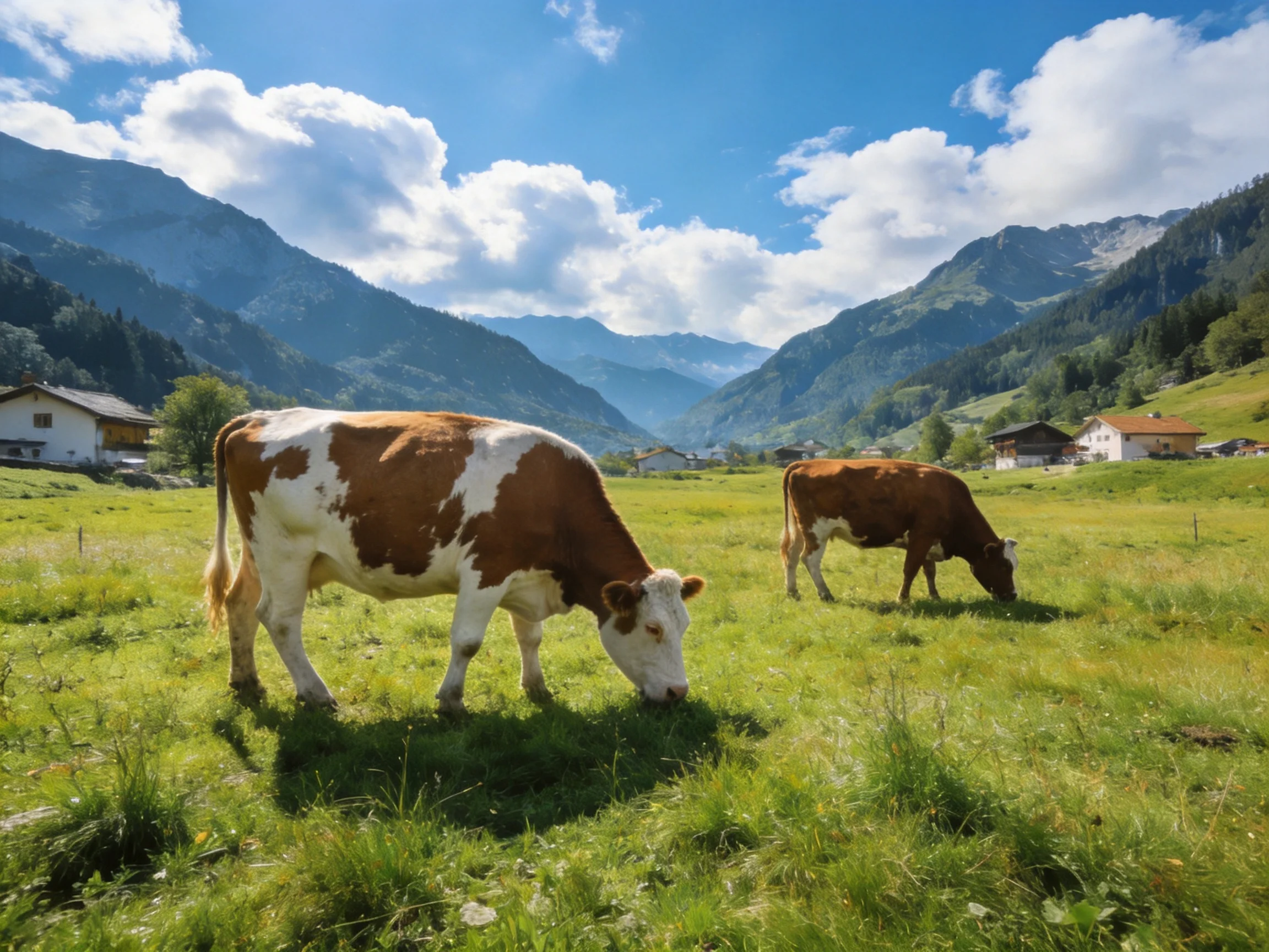 Cows graze in a lush meadow near mountainous villages.