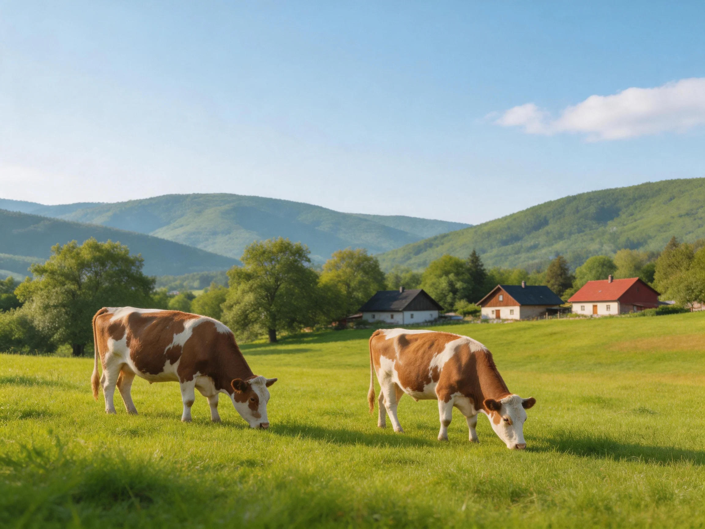 Two cows graze in a green meadow with houses and hills in the distance.