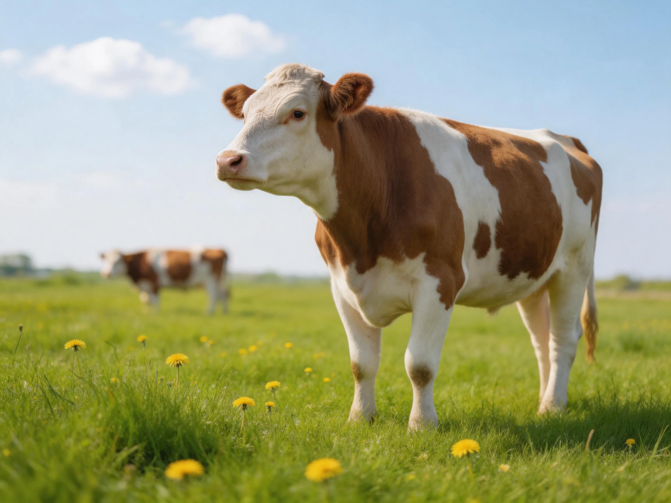 Two brown-and-white cows graze in a lush green meadow with yellow flowers