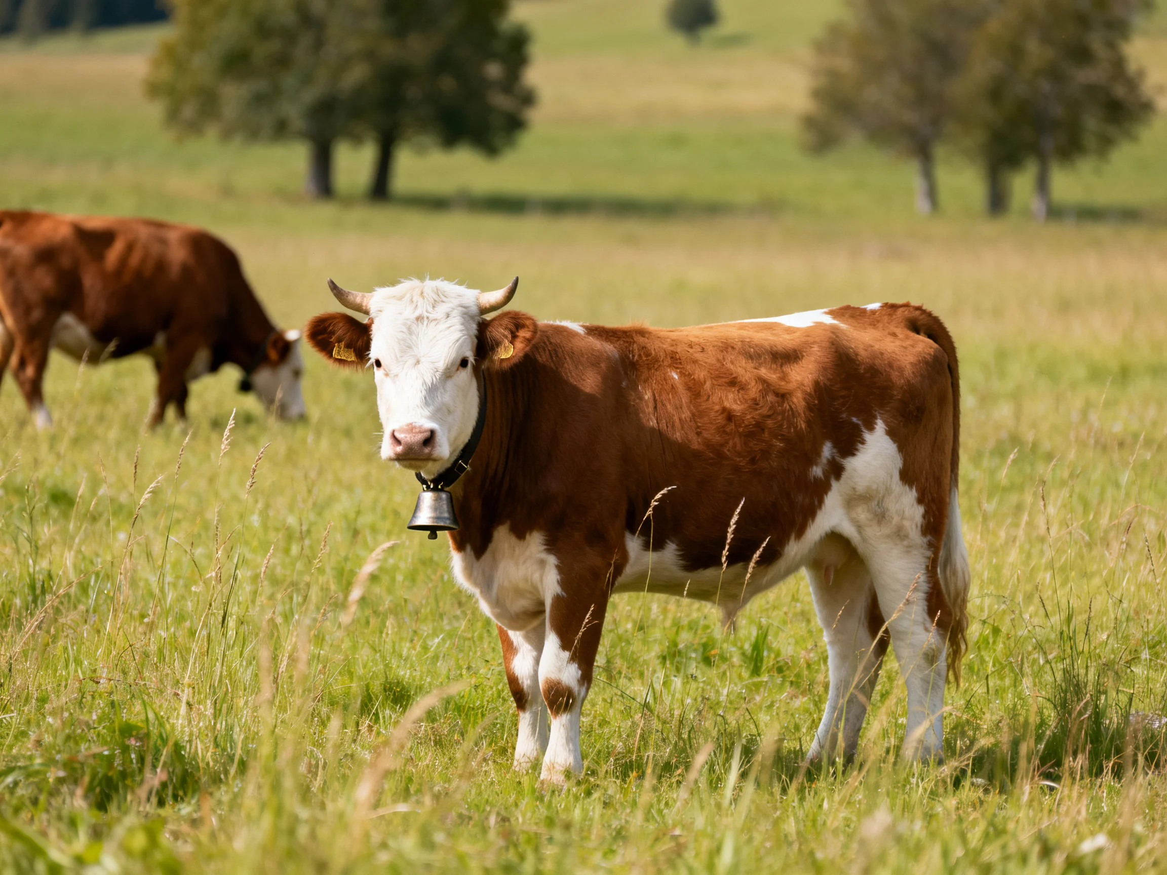 Two brown and white cows graze in a sunlit open pasture.