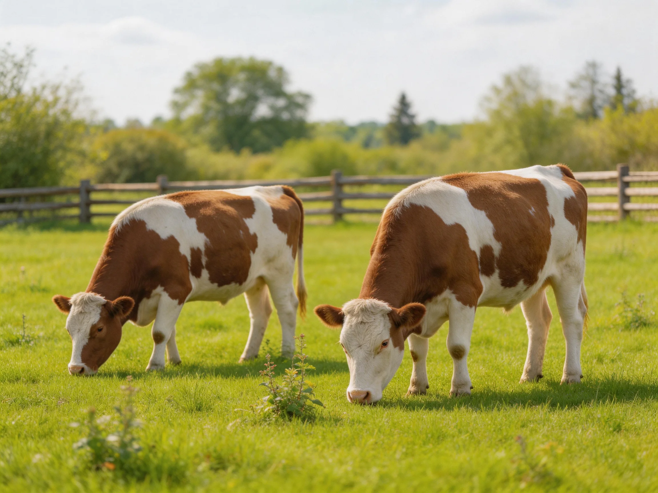 Two brown and white cows graze in a sunlit pasture with a wooden fence in the distance