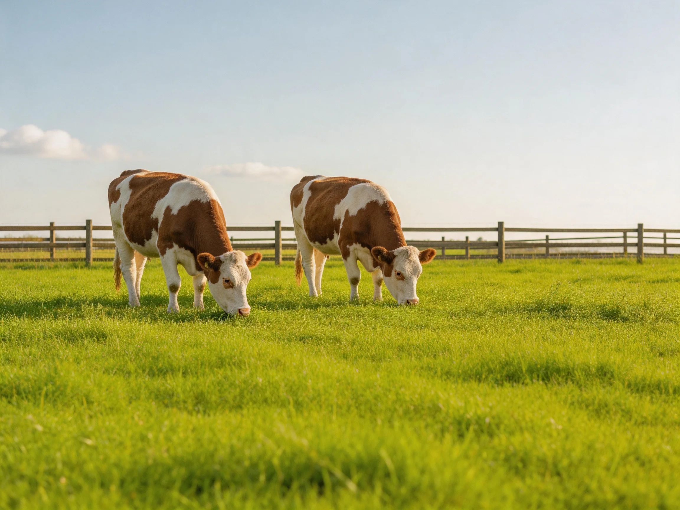 Two brown-and-white cows graze in a sunlit pasture bordered by a wooden fence