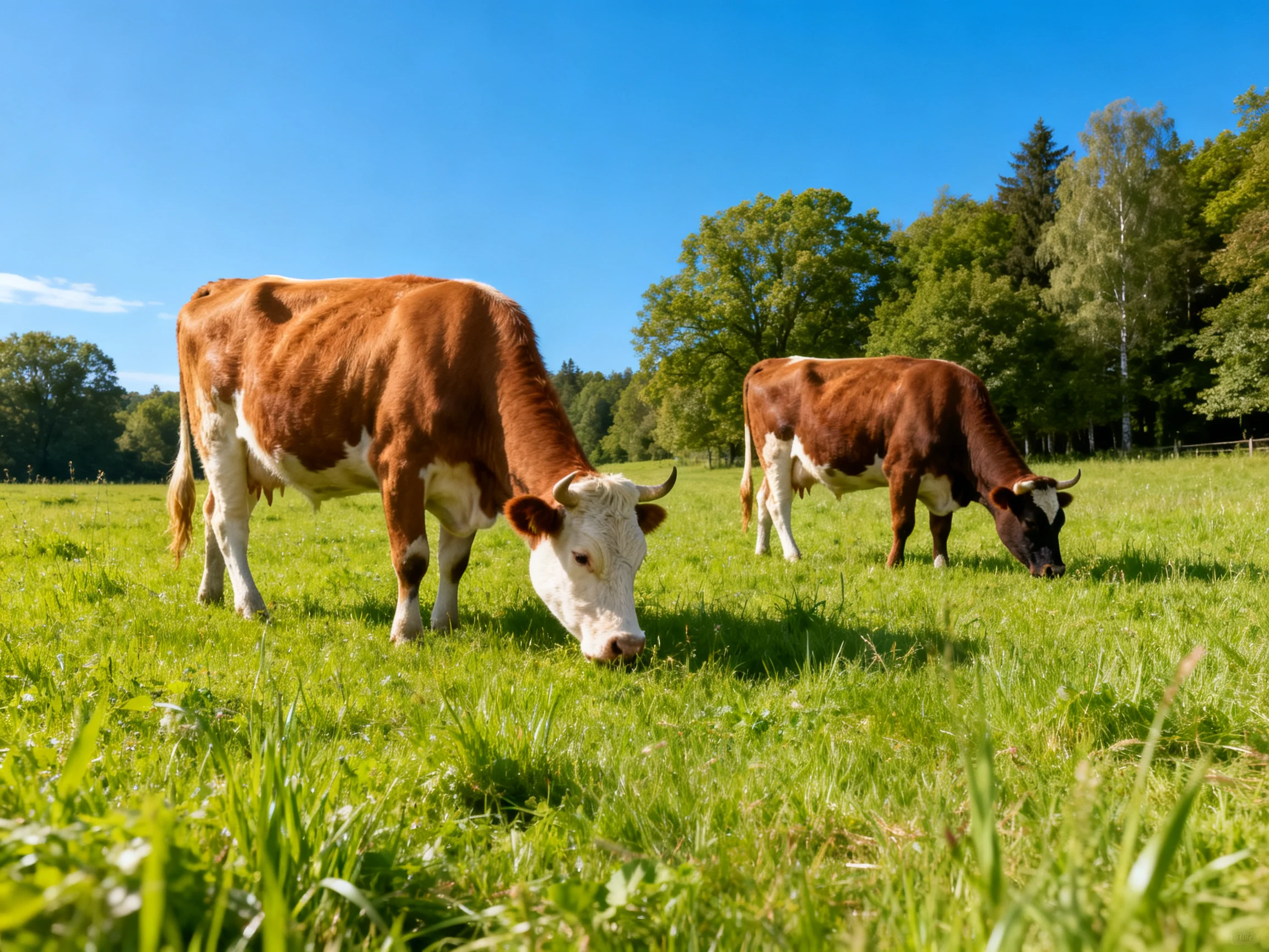 Two cows graze in a sunlit green pasture with trees in the background.