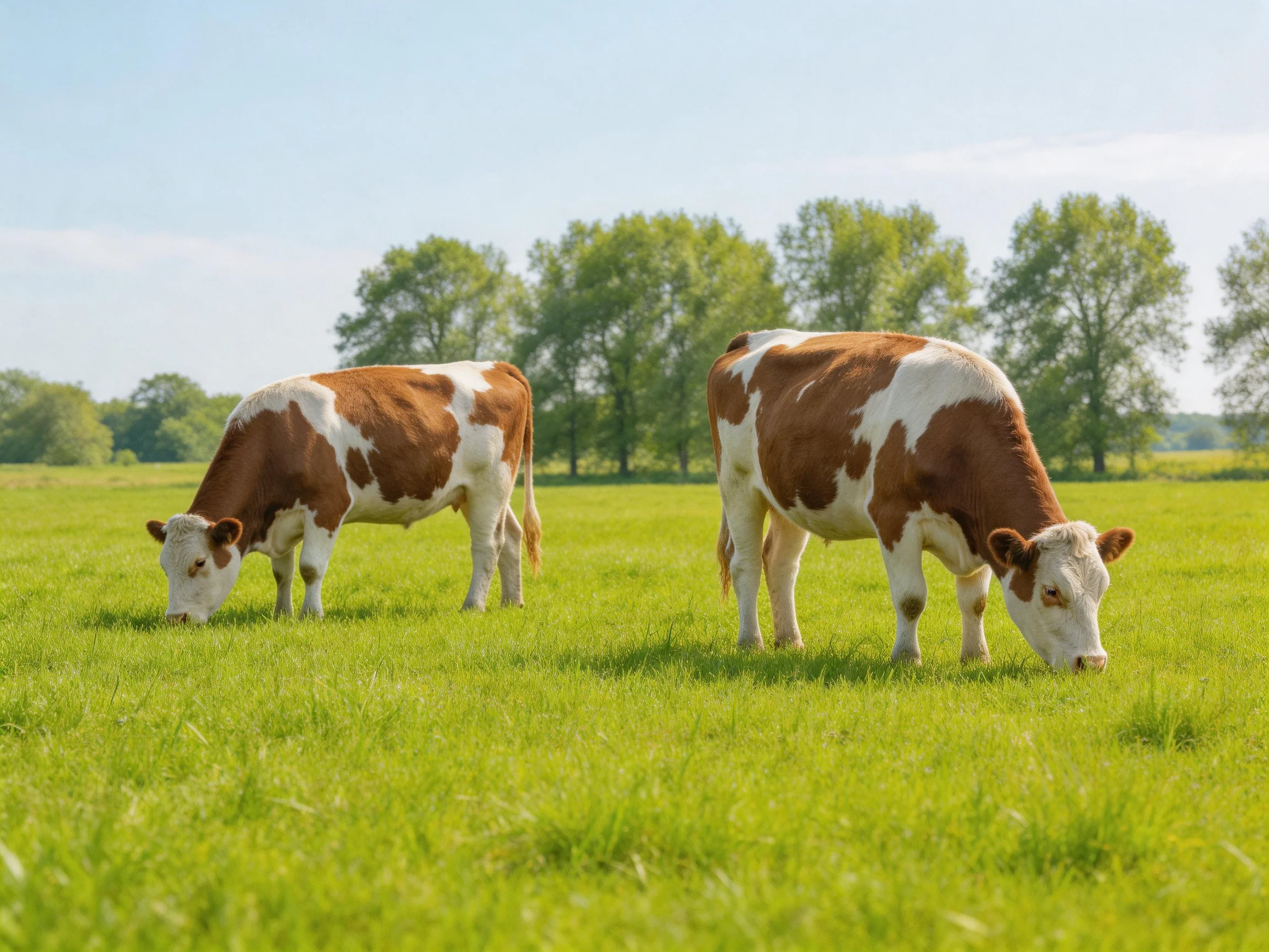 Two brown-and-white cows graze in a sunlit green pasture.