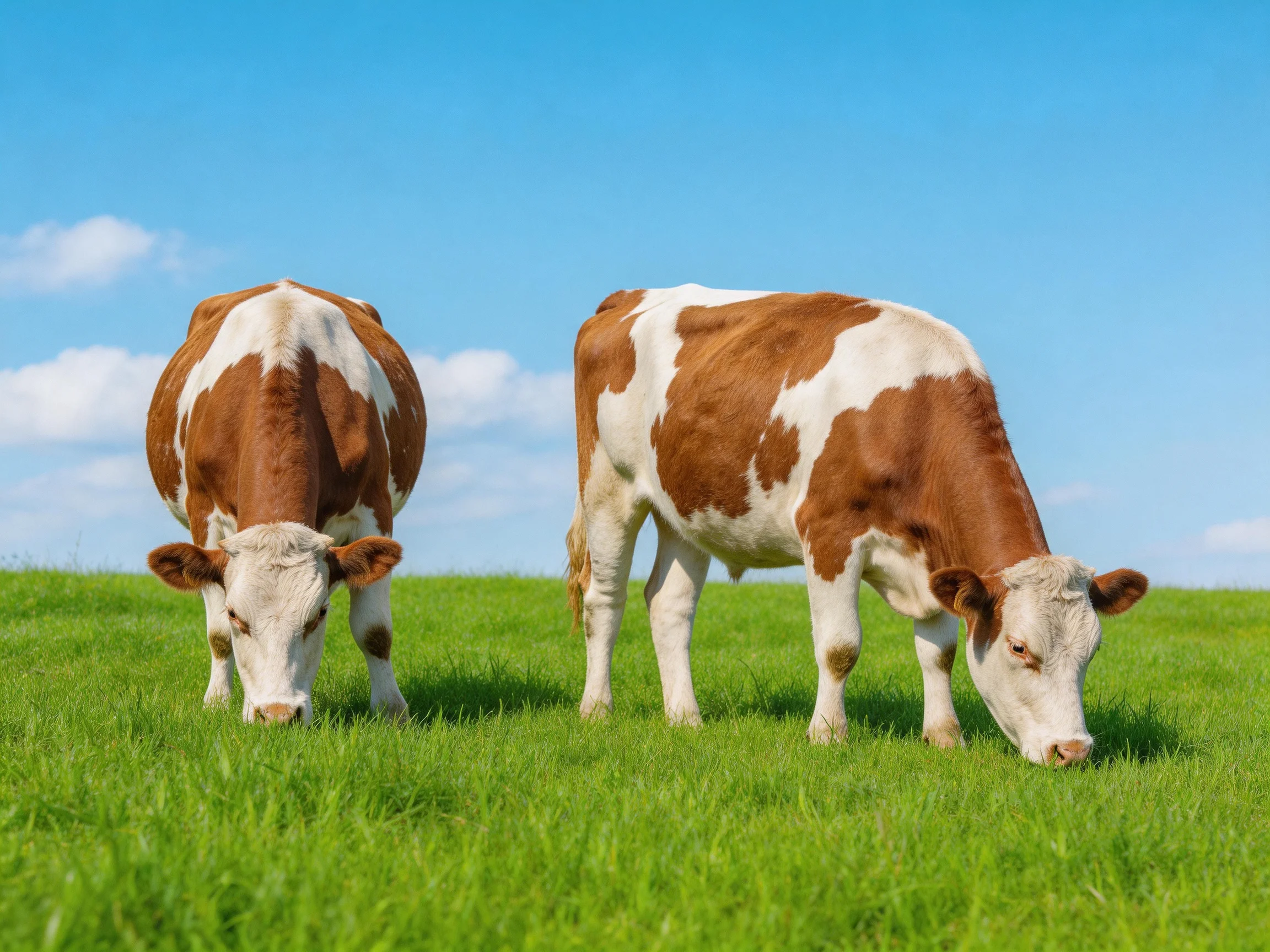 Two brown-and-white cows graze in a lush green pasture under a bright blue sky