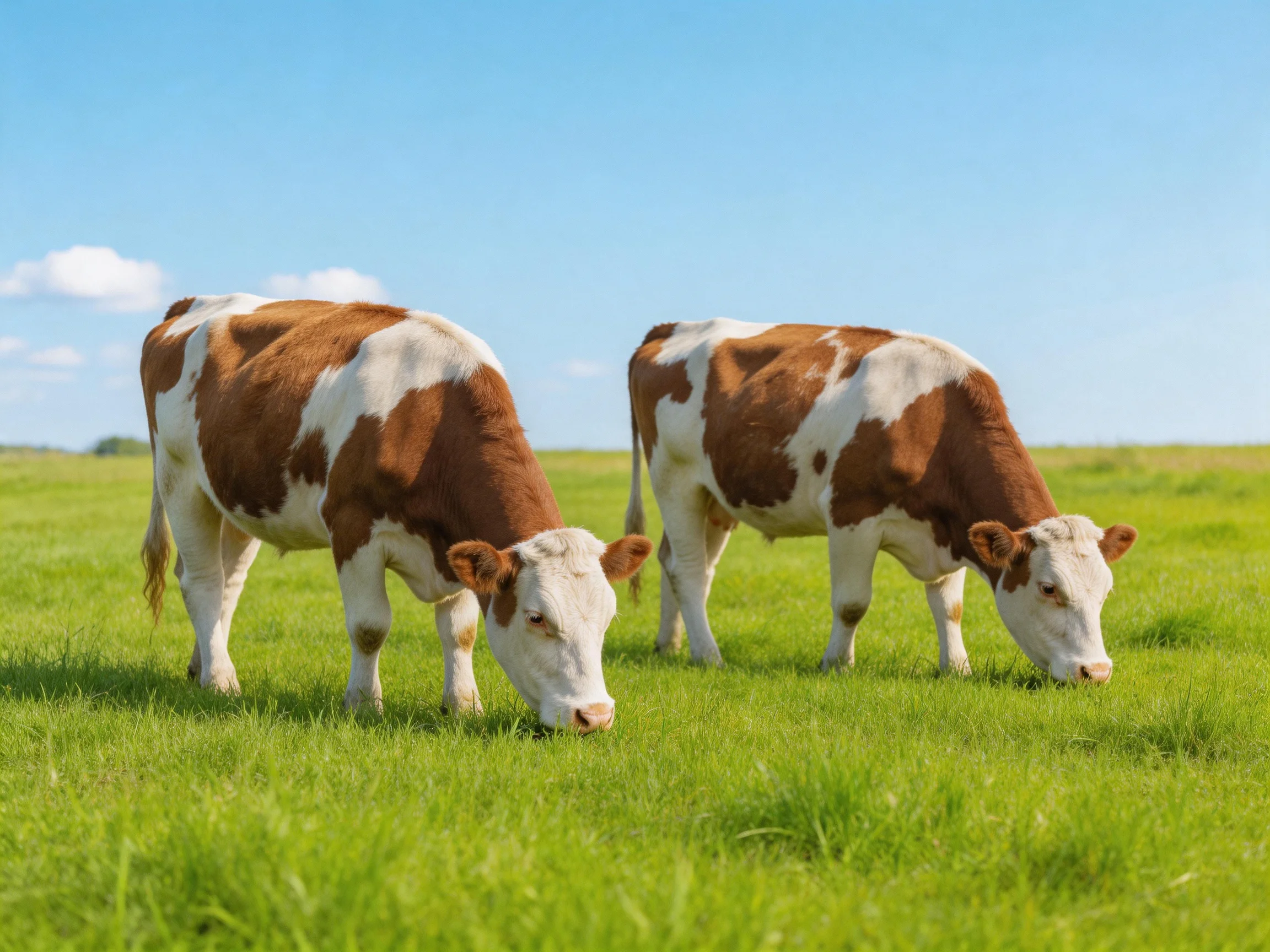 Two brown and white cows graze in a lush green pasture under a clear blue sky
