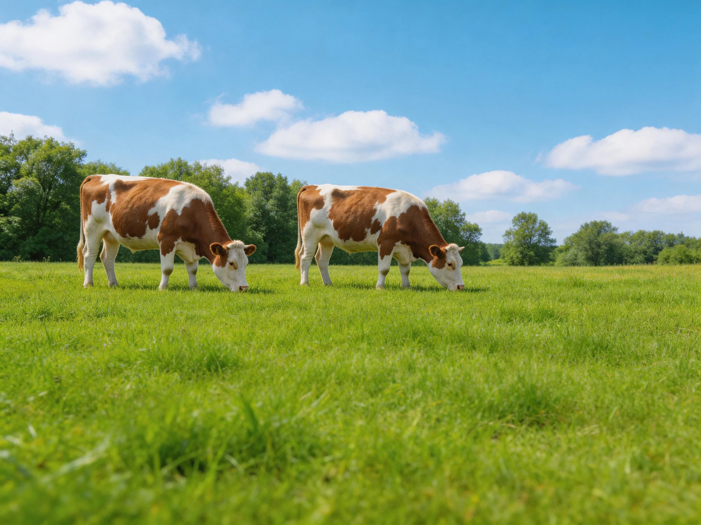 Two brown-and-white cows graze in a lush green pasture under a clear blue sky