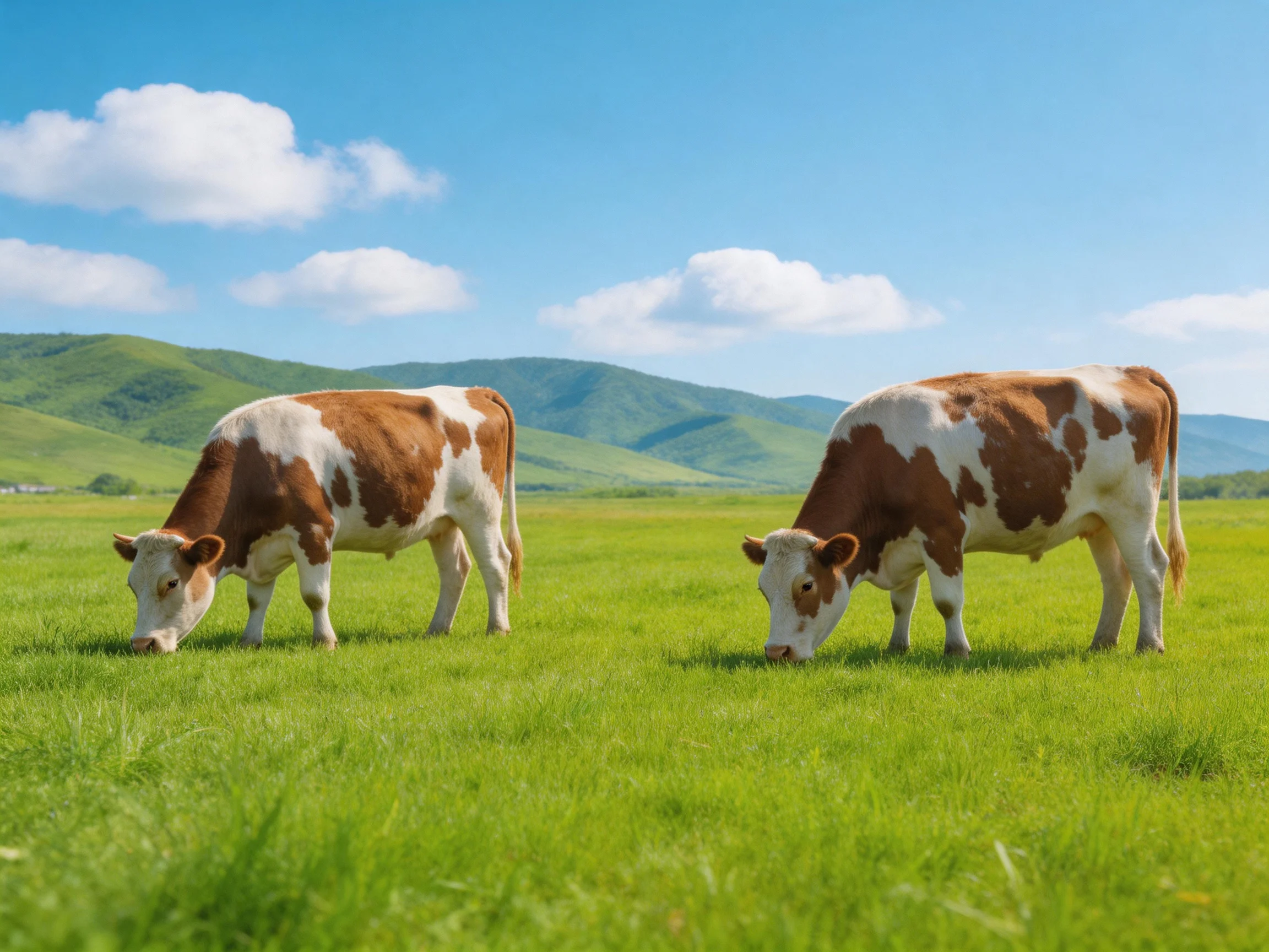 Two brown-and-white cows graze in a sunny green pasture with rolling hills.