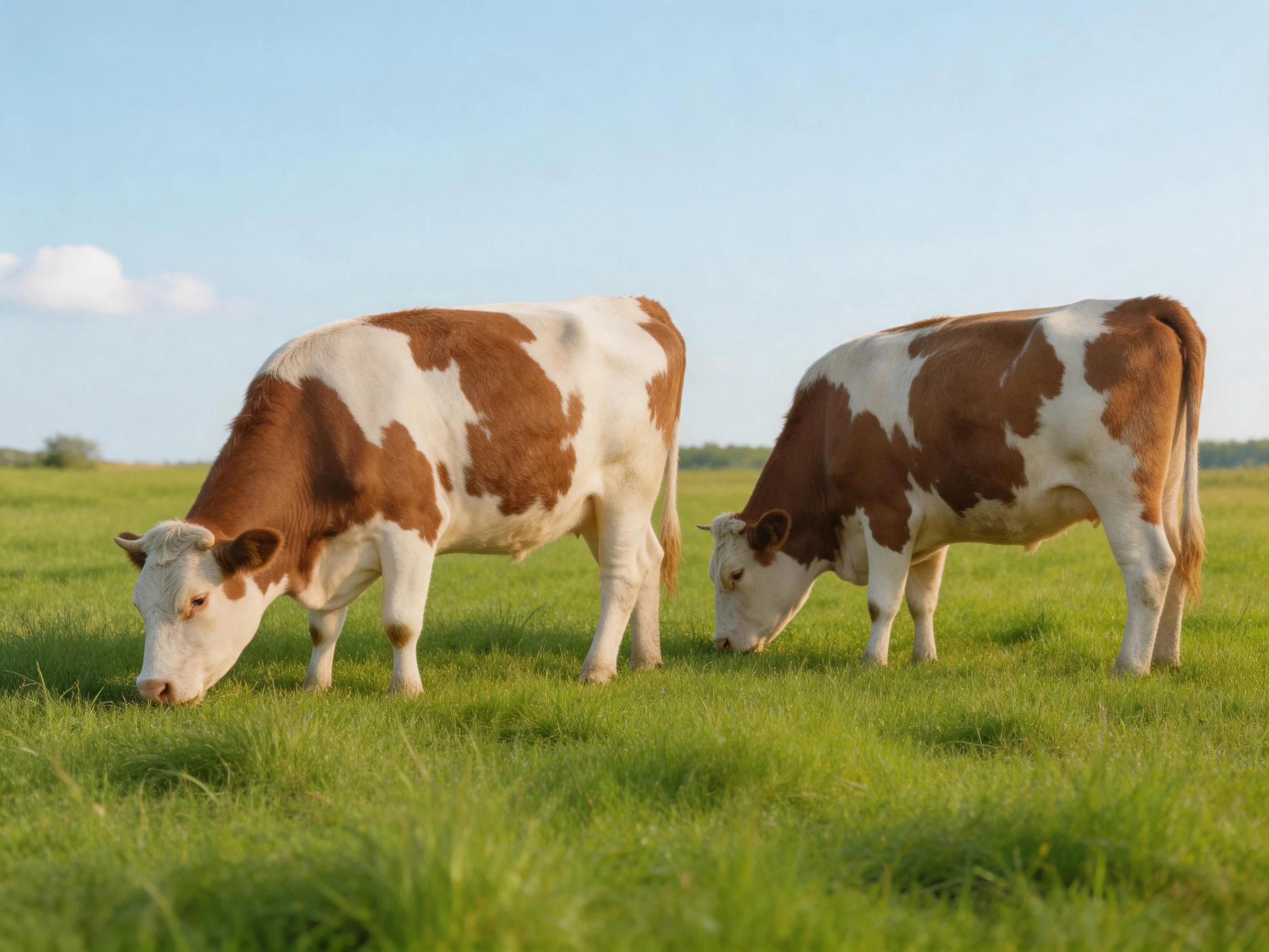 Two brown-and-white cows graze in a lush green pasture under bright sunlight