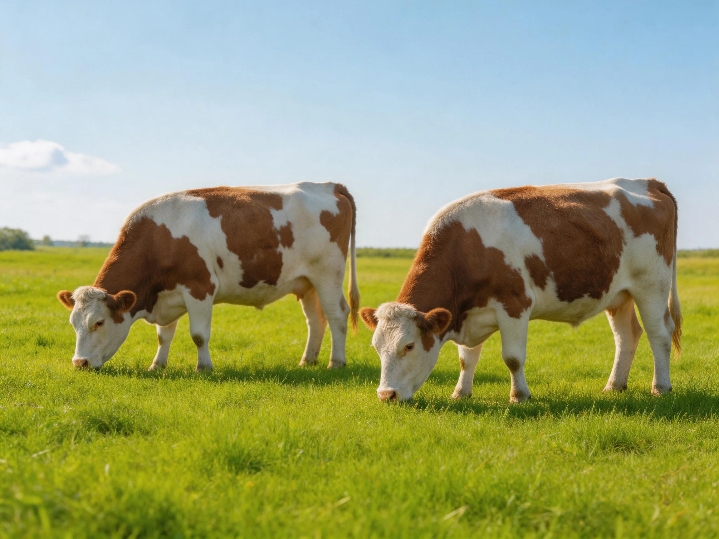 Two brown-and-white cows graze in a sunlit green pasture.