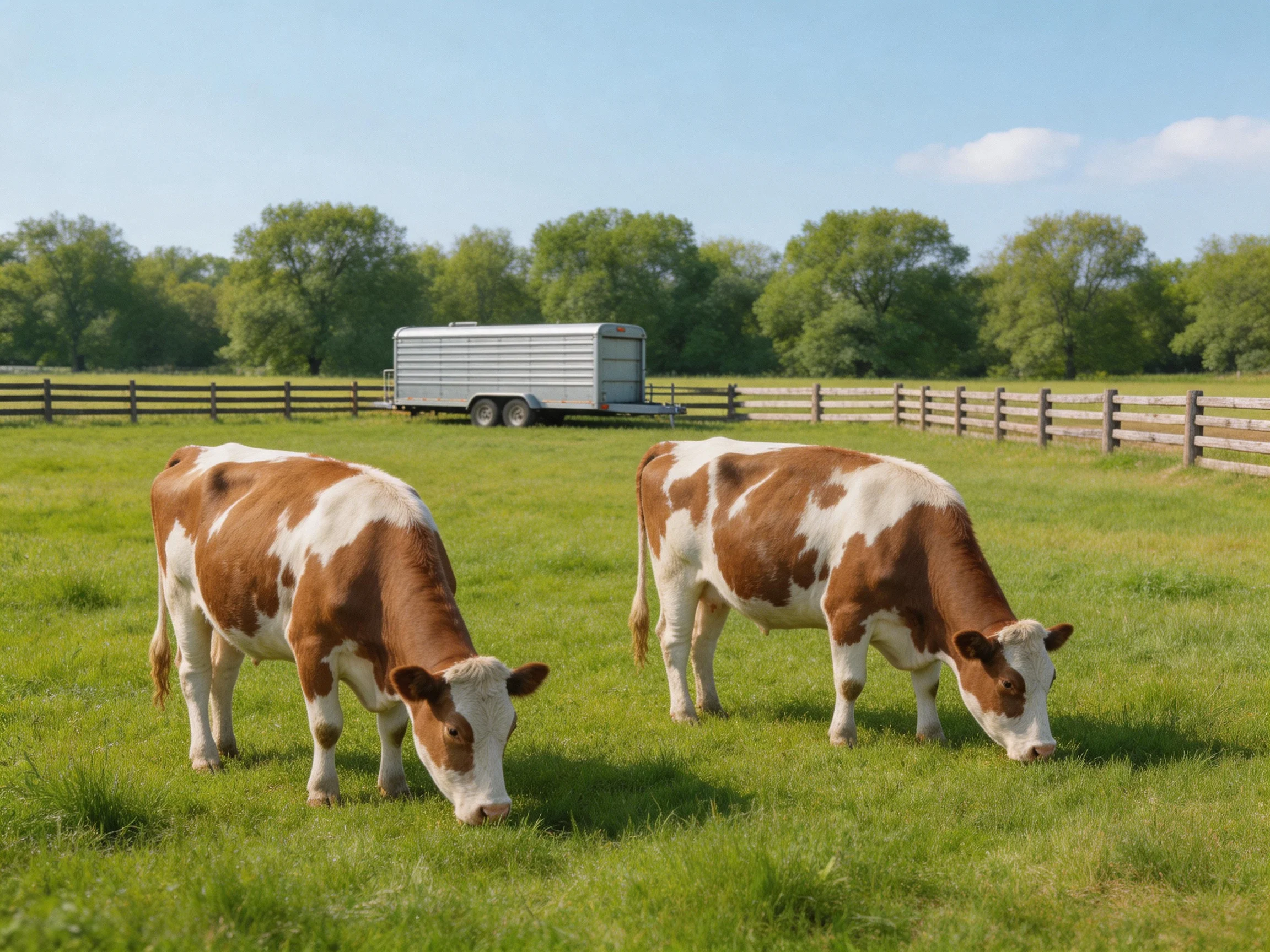 Two brown-and-white cows graze in a green pasture near a silver trailer