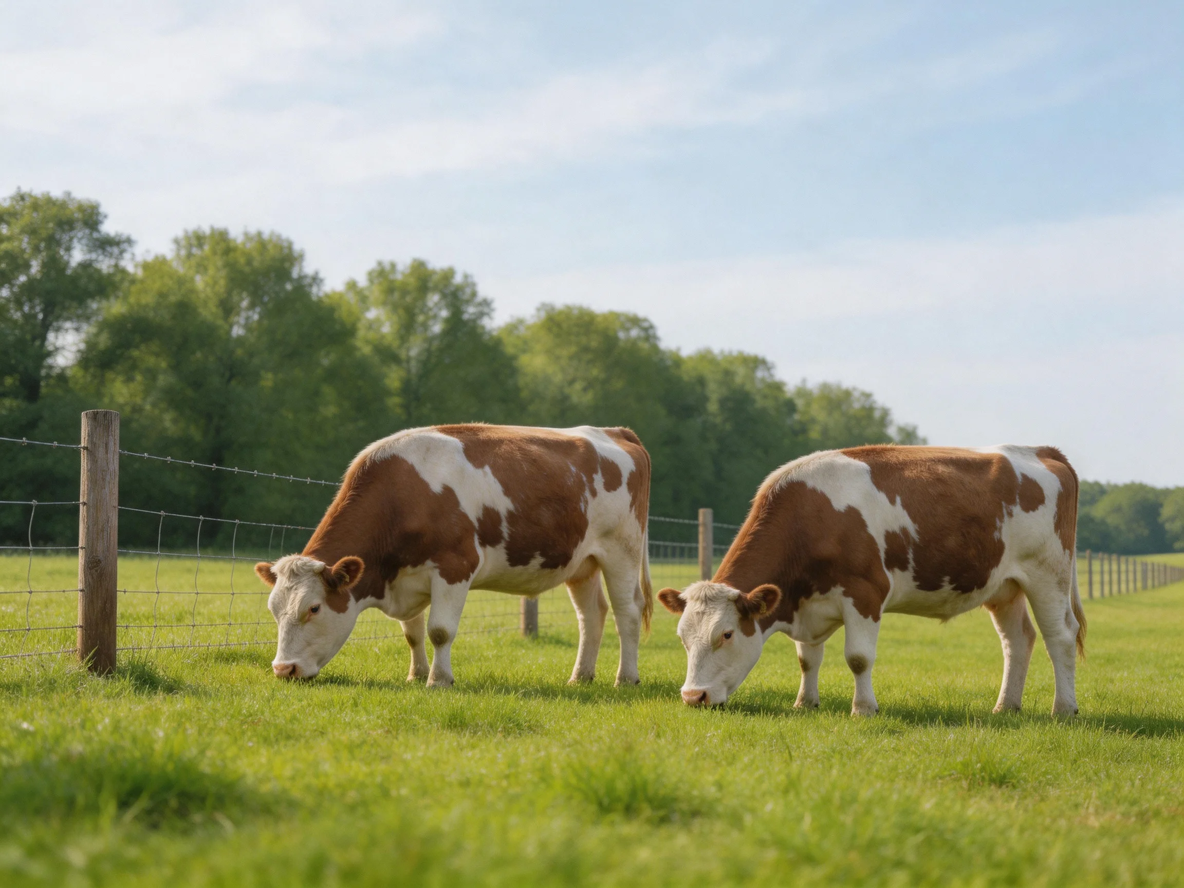 Two brown-and-white cows graze in a lush green pasture with a wooden fence
