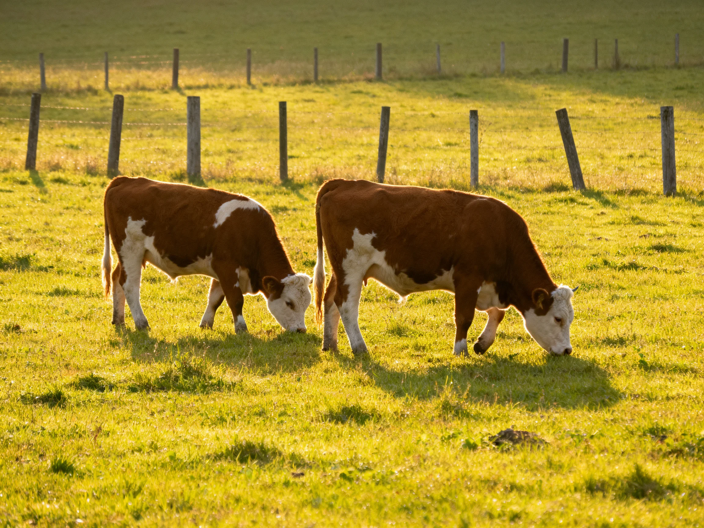 Two brown-and-white cows graze in a sunlit fenced pasture