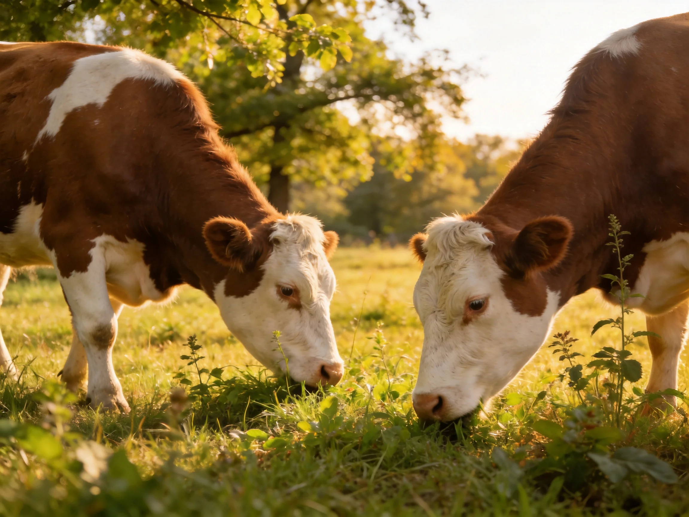 Two brown and white cows graze in a sunlit grassy field near trees
