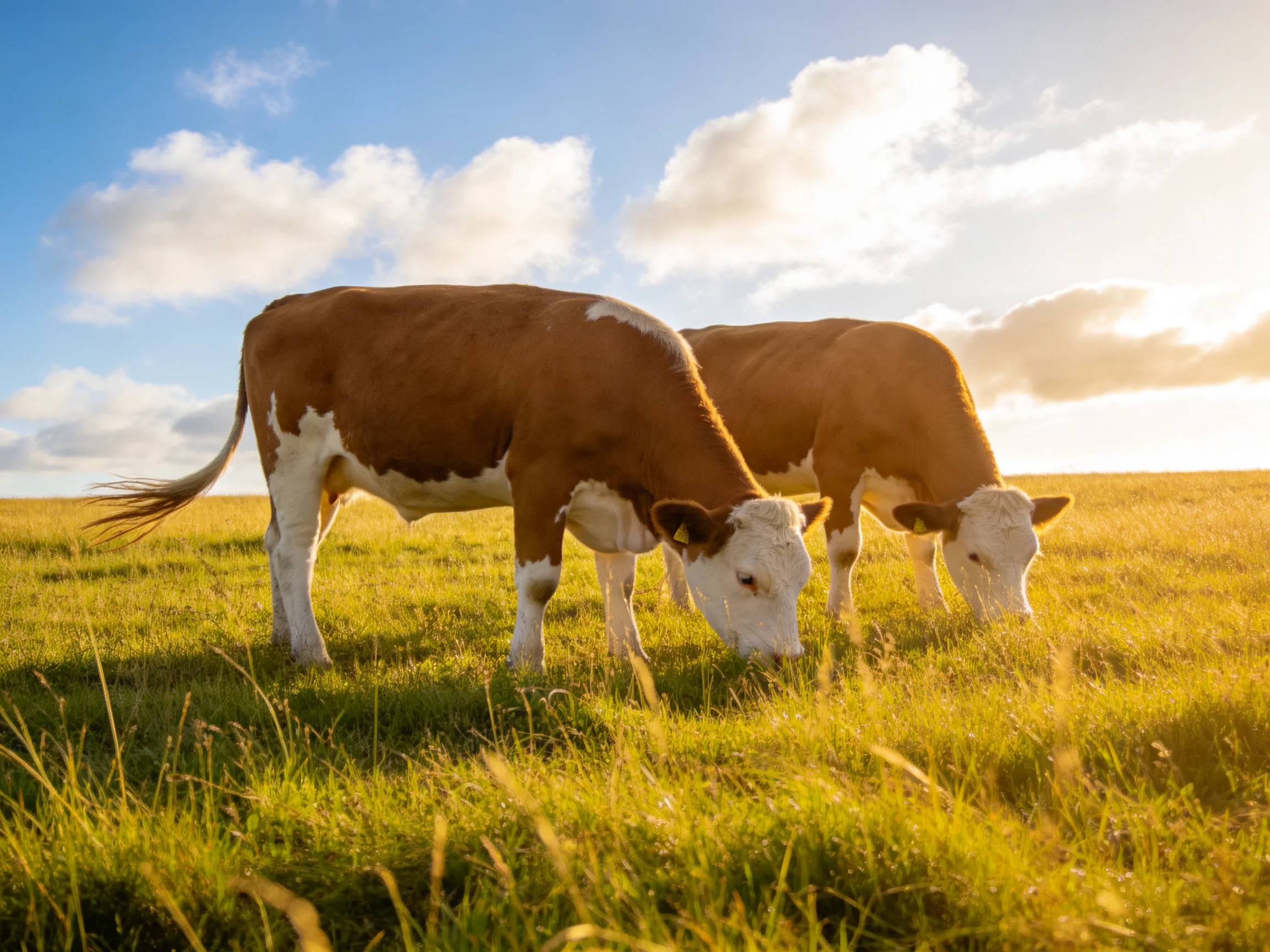 Two brown-and-white cows graze in a sunlit grassy field.